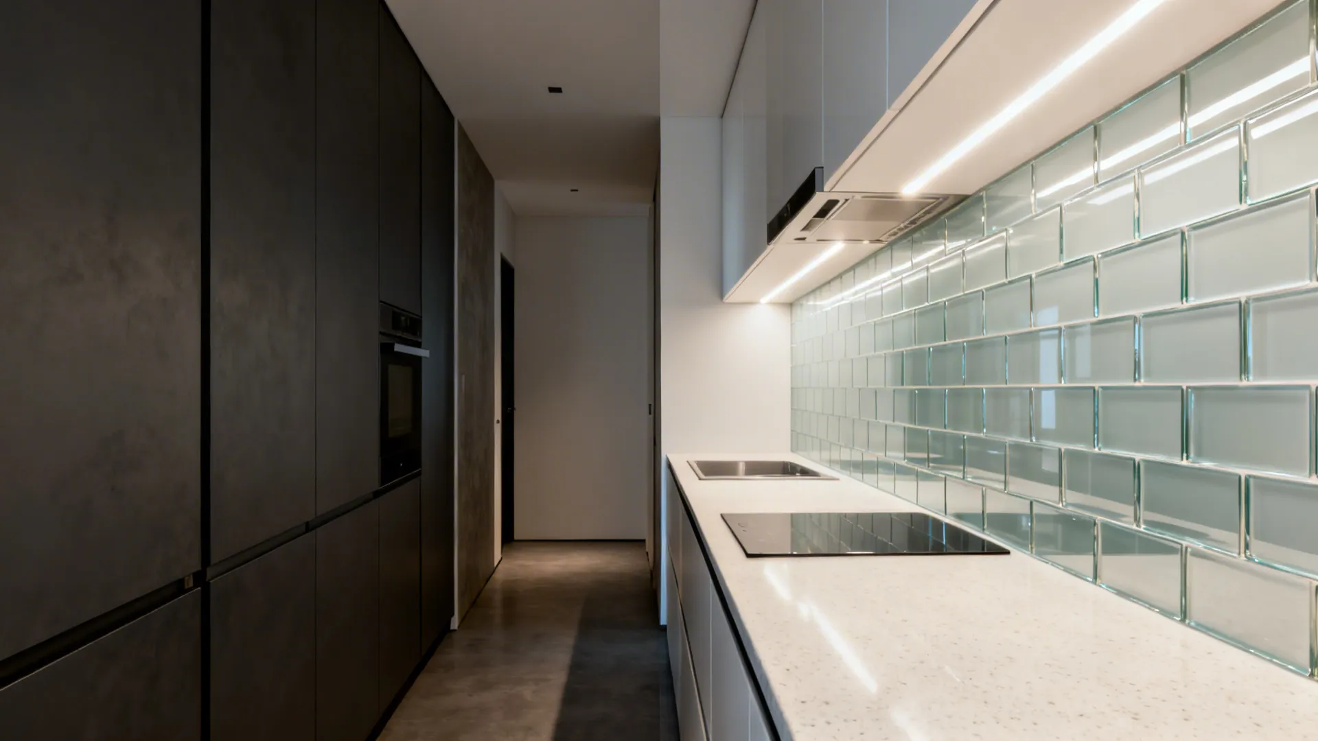 Before-and-after galley showing brighter results with glass backsplash and layered lighting.