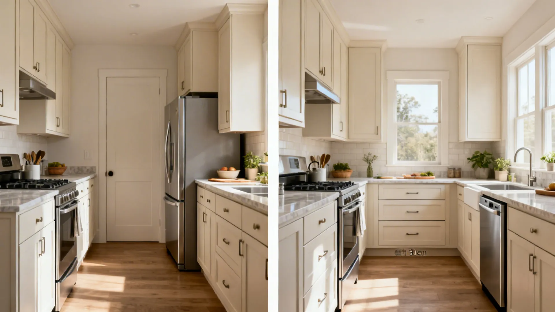 Before and after of a galley kitchen showing improved prep space and appliance placement.