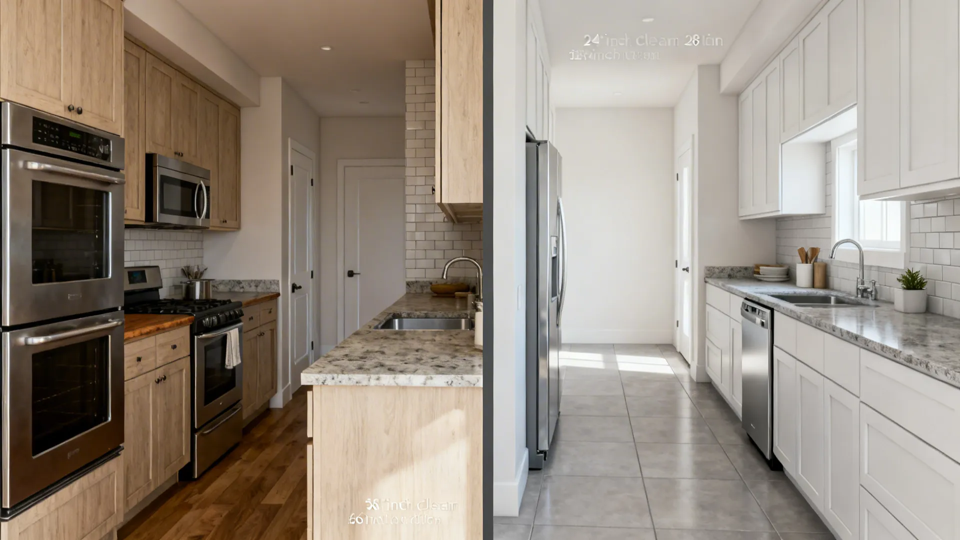Before-and-after galley kitchen showing a cramped aisle versus a clear 42-inch corridor with organized zones.