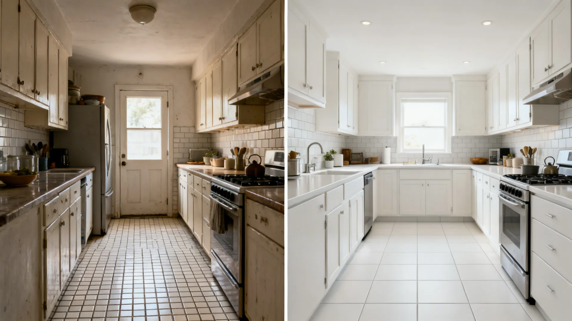 Before-and-after of a galley kitchen showing many small tiles vs large matte white porcelain.