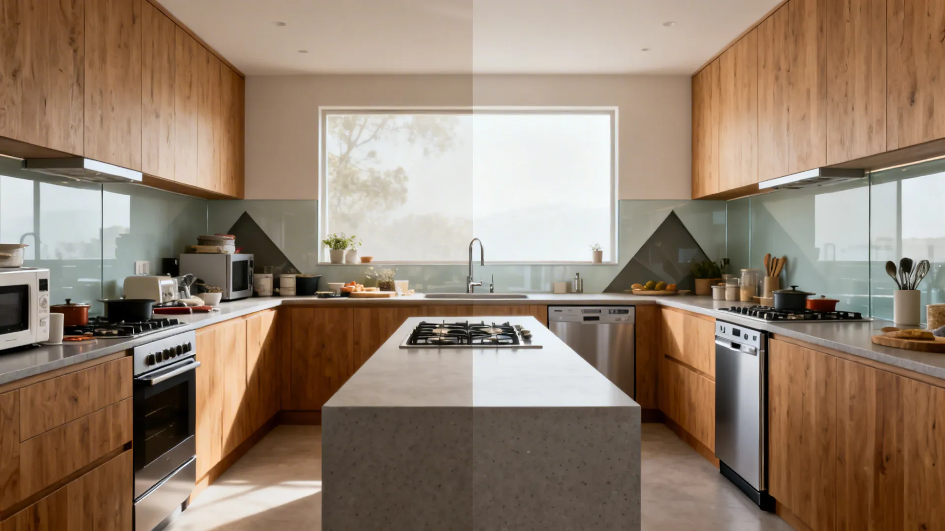 Before and after comparison of a kitchen island showing different lighting effects on wood cabinets