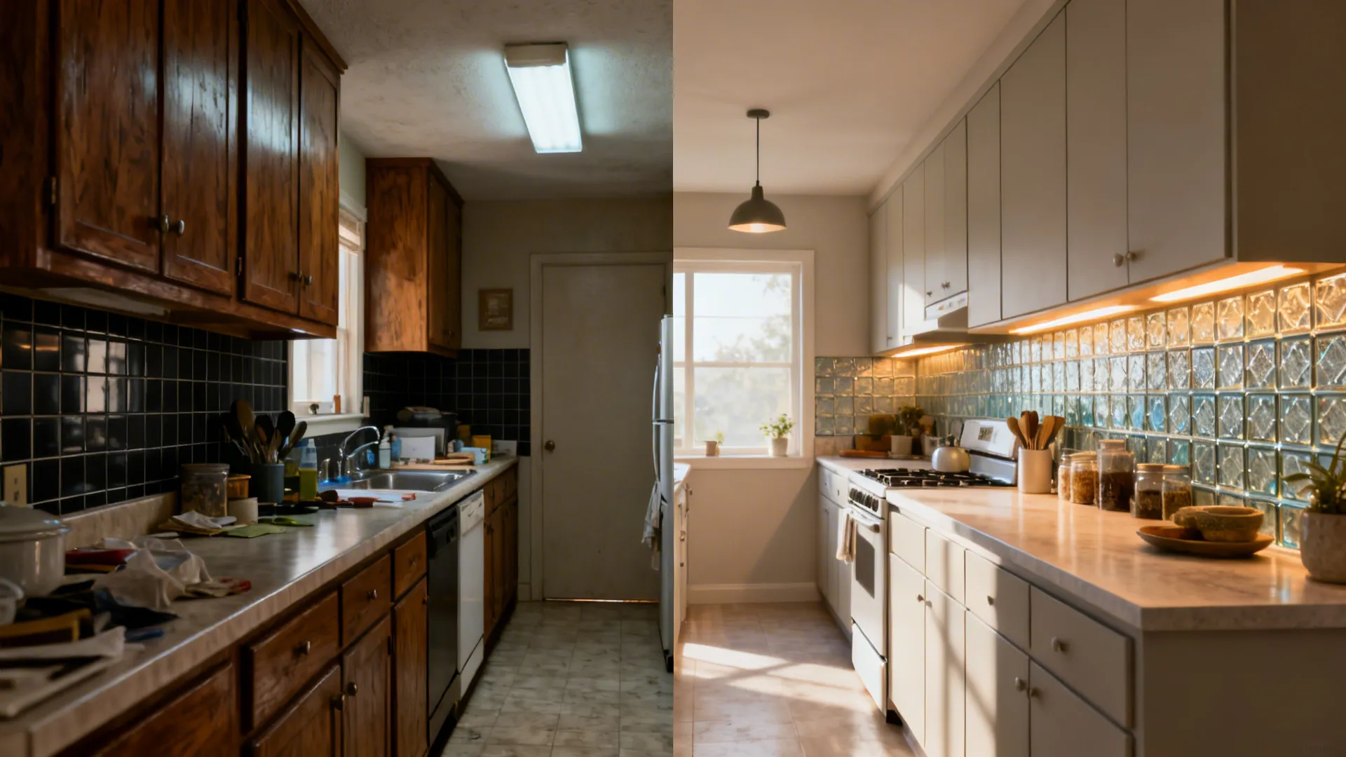 Before-and-after of a 10x12 galley: dark tile to bright glass backsplash with layered lighting.