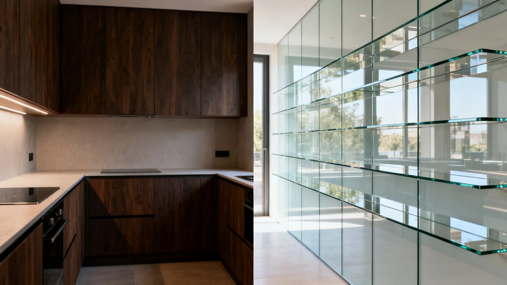 Glass shelf + full-height backsplash for visual depth