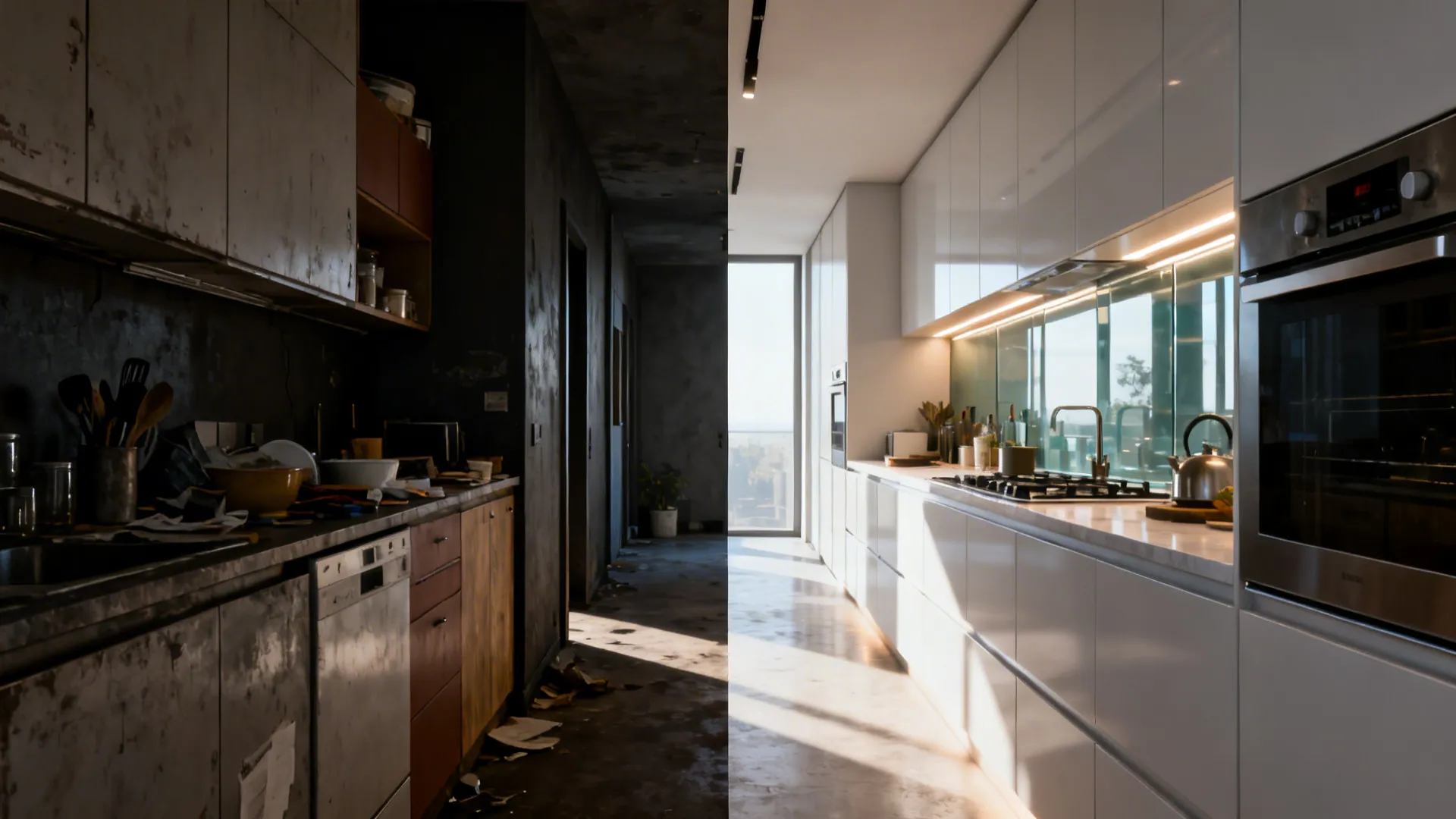 Before dark cluttered galley versus after bright streamlined parallel-zone kitchen.