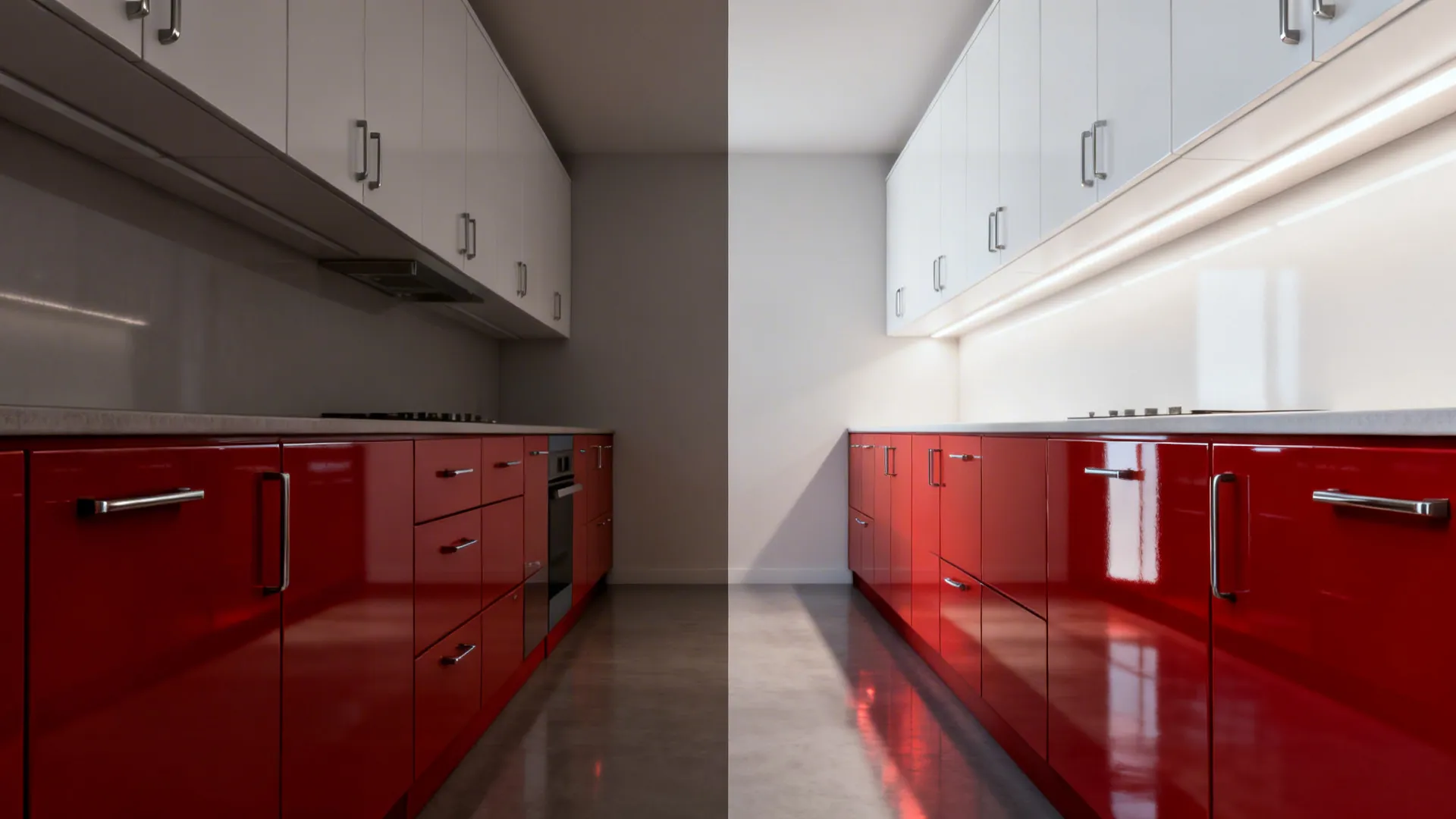 Before-and-after of a galley kitchen updated with glossy red bases and satin white uppers.