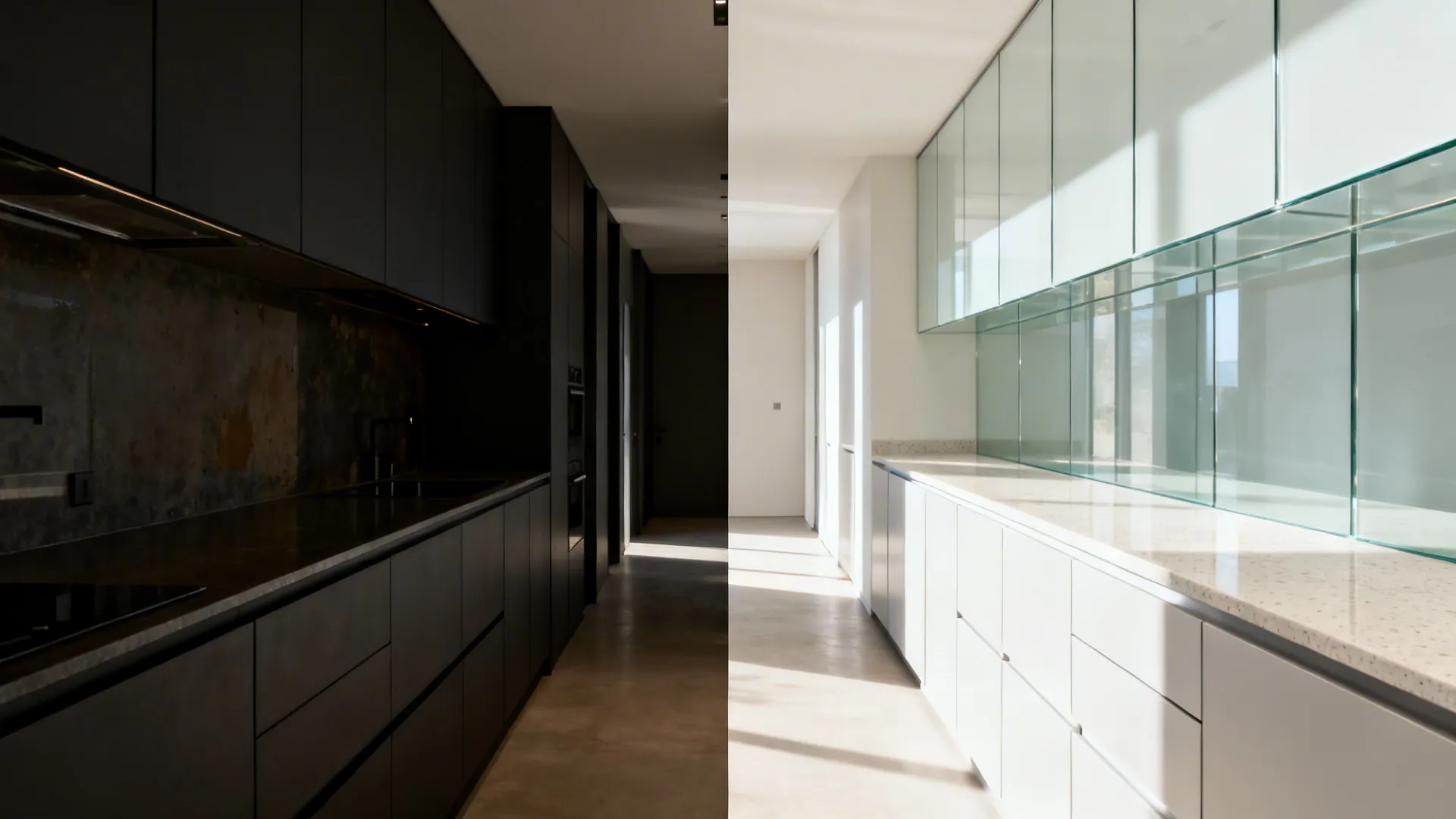 Before-and-after comparison showing a dim galley transformed by reflective surfaces and minimal lines.
