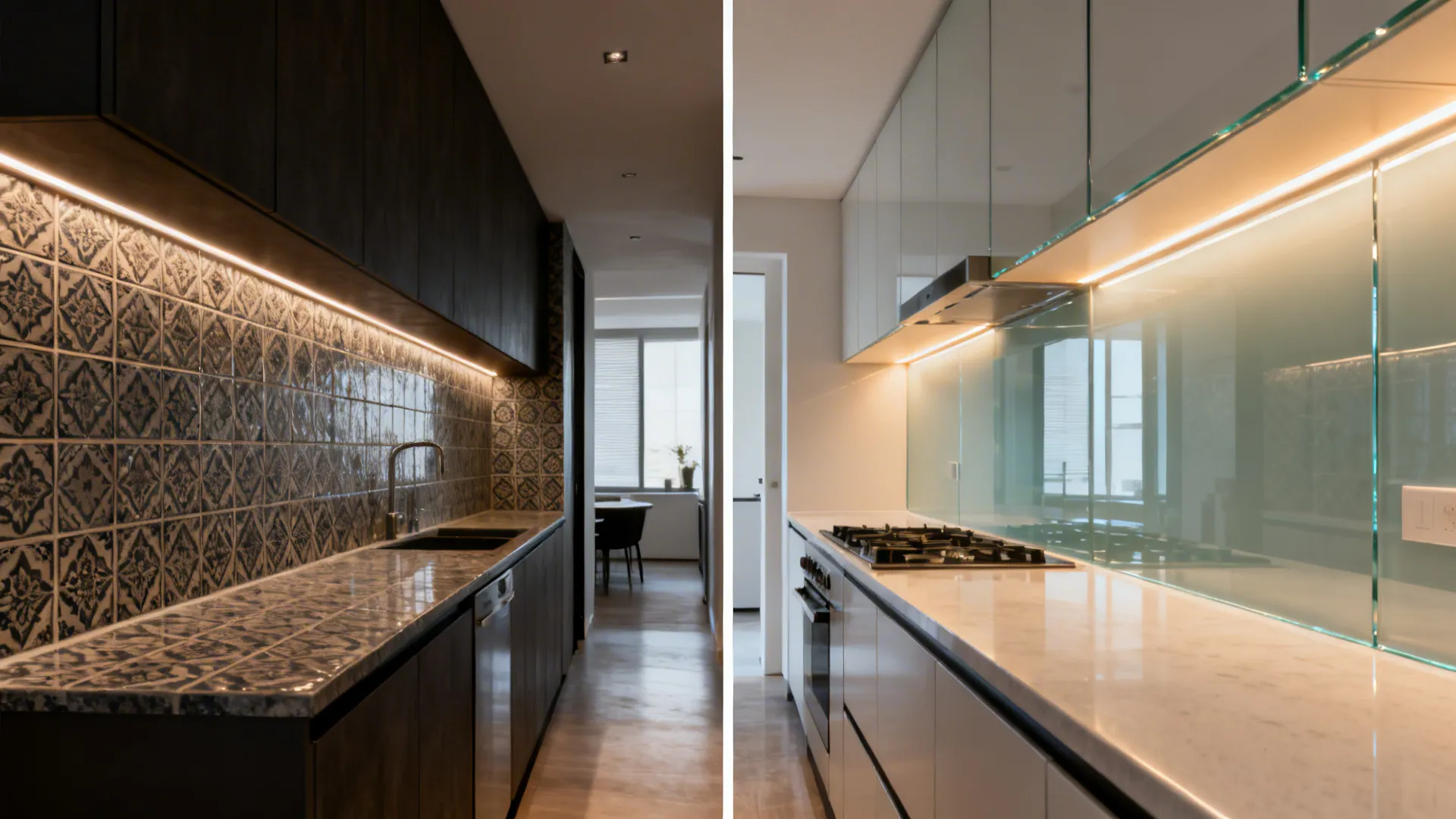 Before-and-after of a galley kitchen, replacing patterned tile with a bright low-iron glass backsplash.