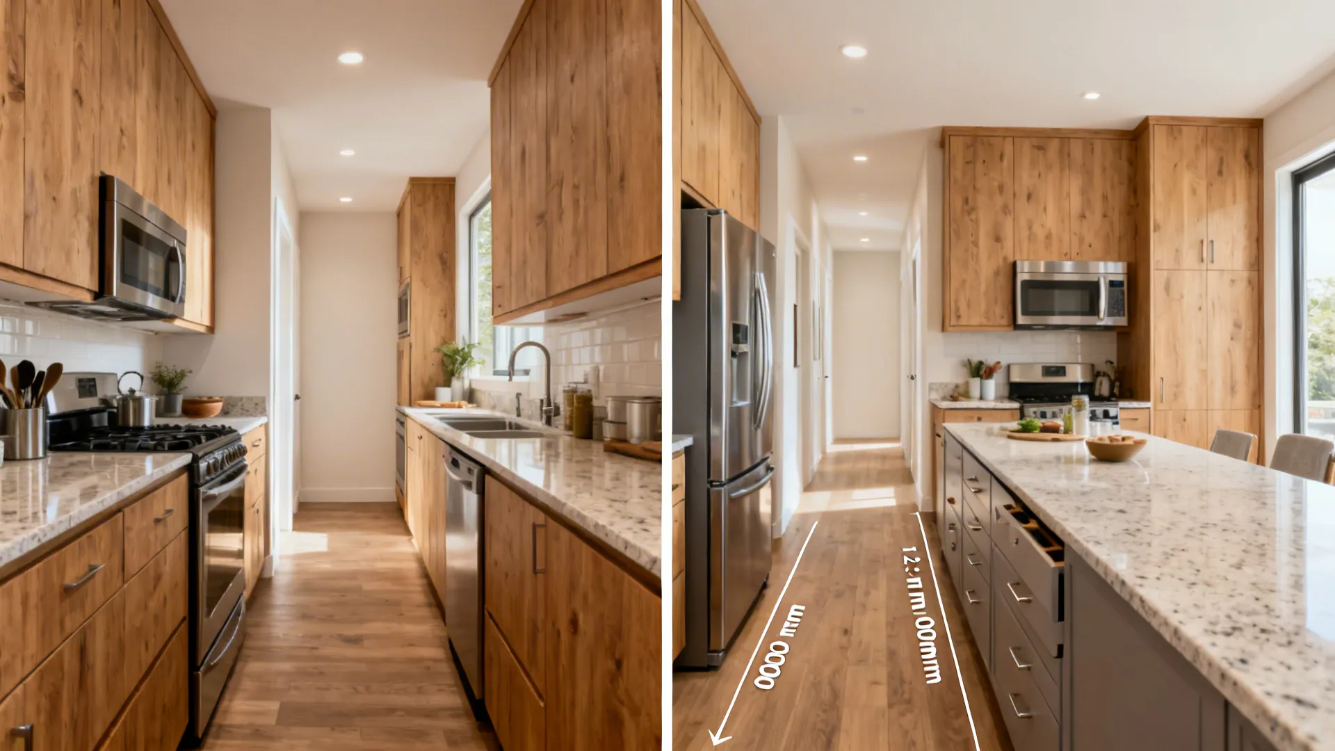 Before-and-after of a galley kitchen showing improved aisle width and prep run.