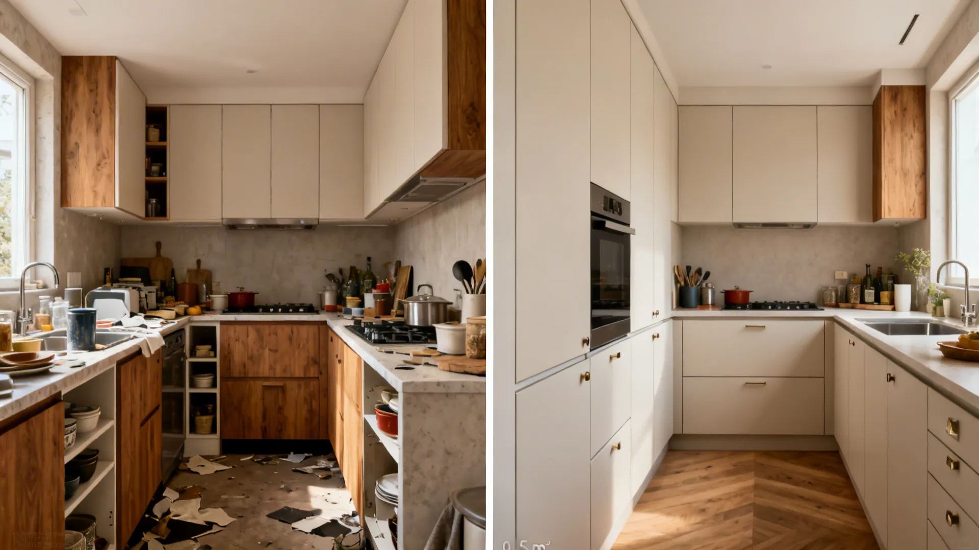 Before-and-after of a small galley kitchen showing improved layout and storage.