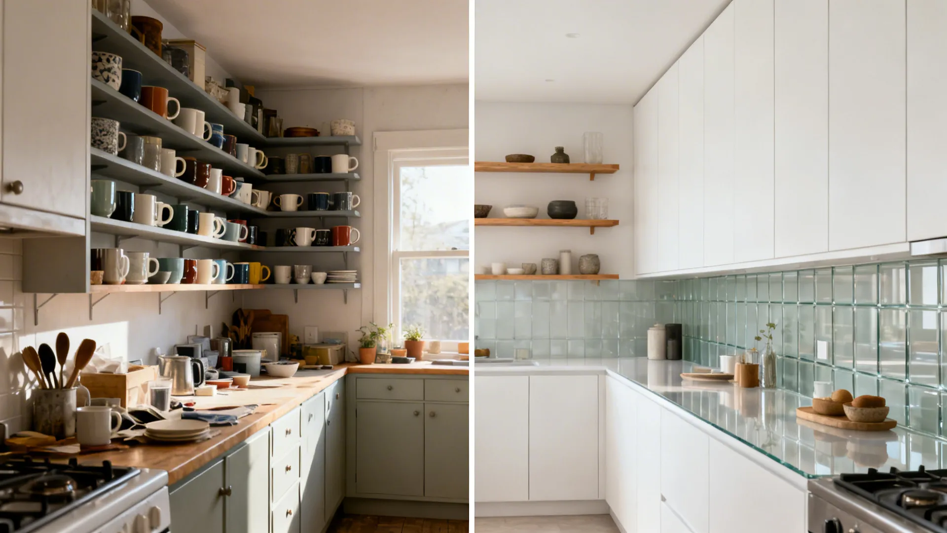 Before-after of a small galley kitchen from cluttered to minimalist with tall cabinets and glass.