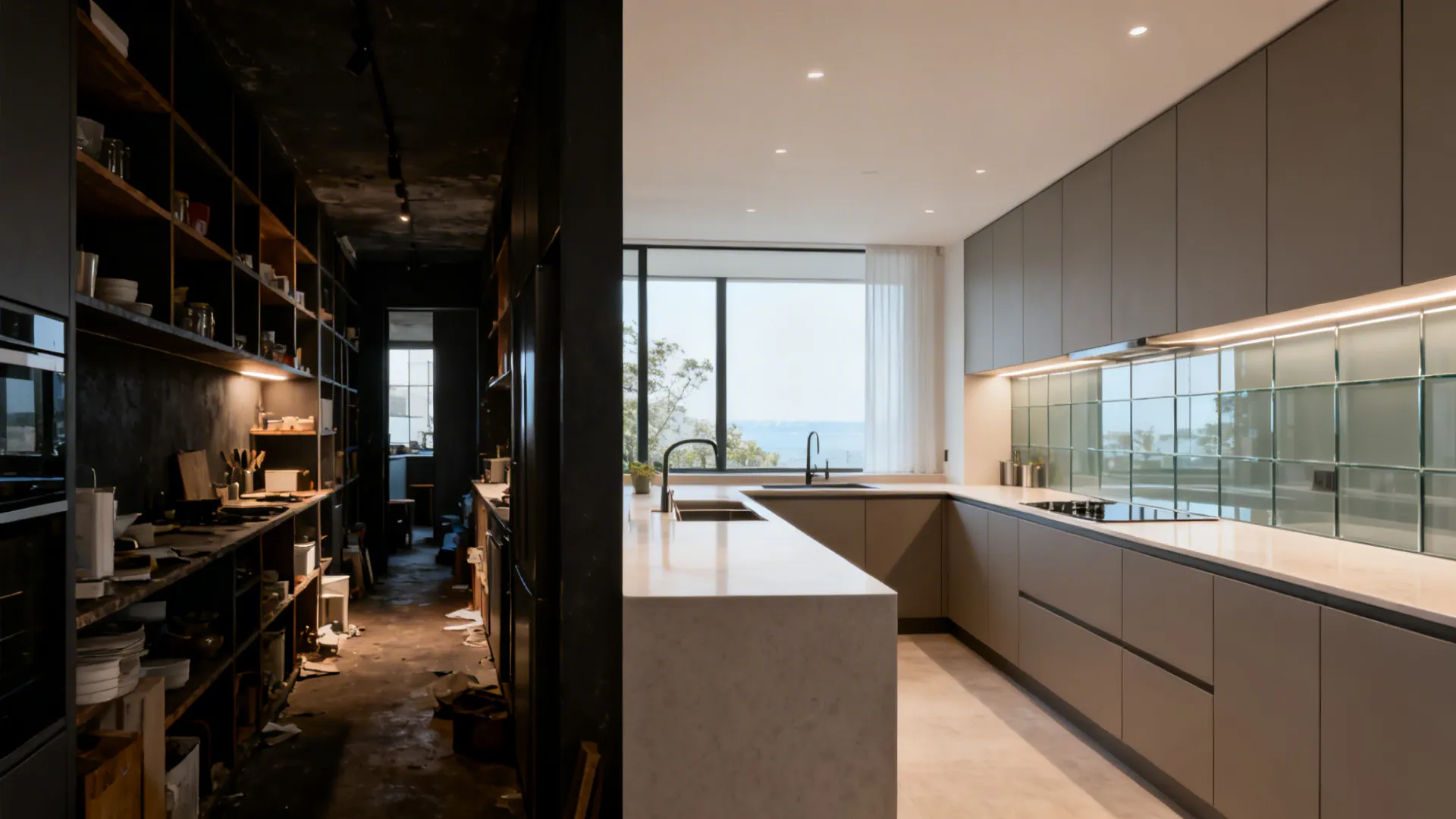 Side by side comparison of a dark messy pantry and a clean modern grey kitchen