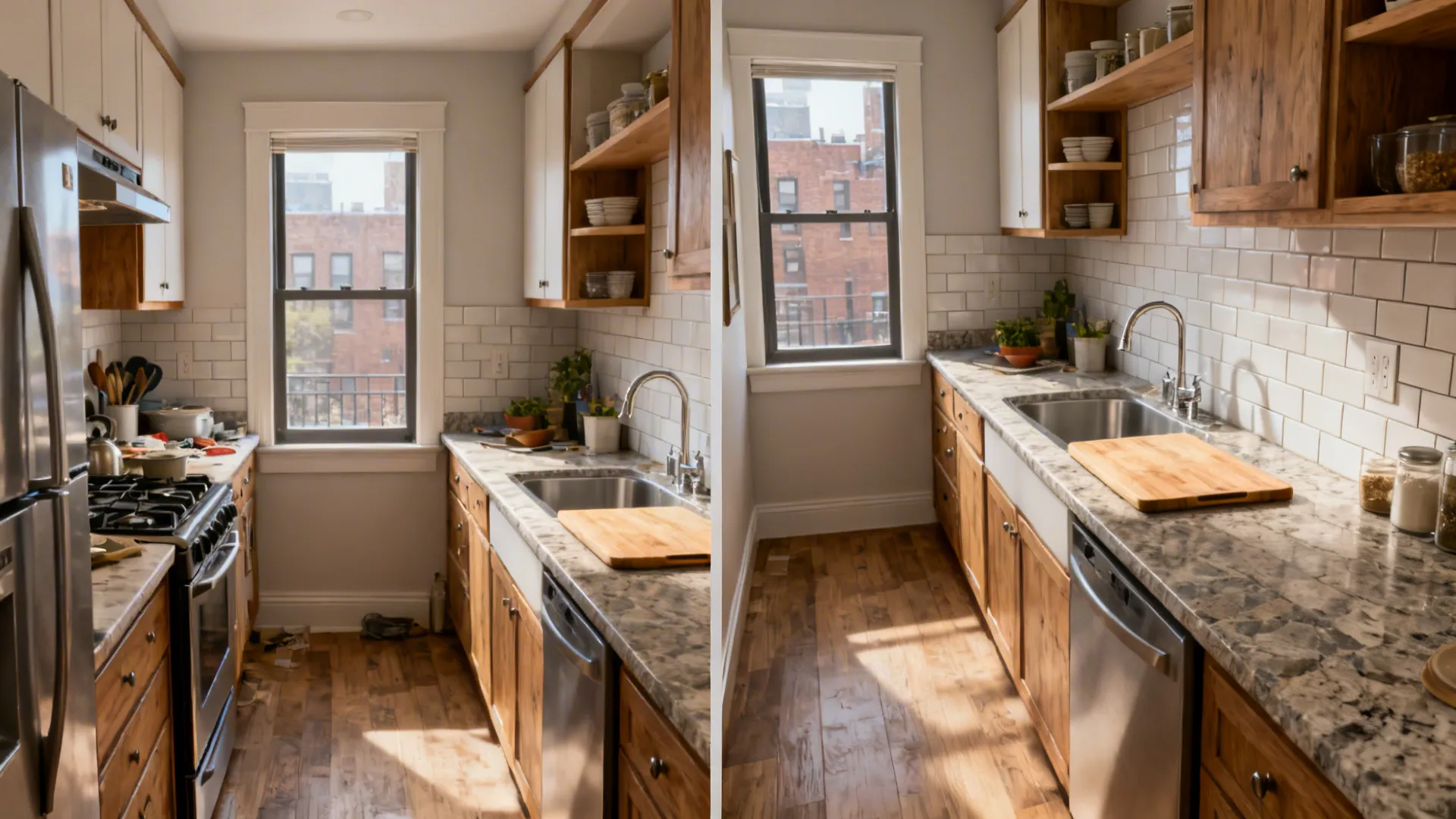 Before-and-after view of a galley kitchen showing improved counter space and work triangle.