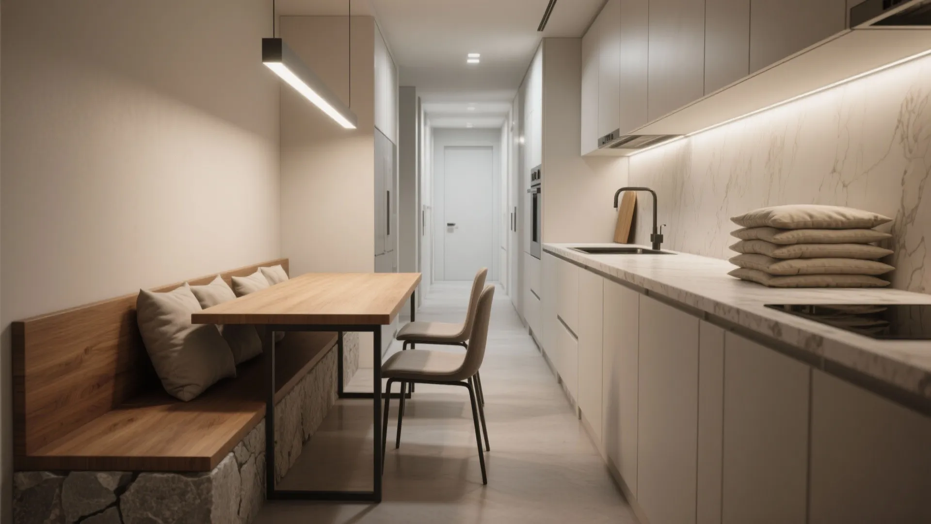 Modern narrow kitchen interior design with wooden dining table long bench and white cabinet storage
