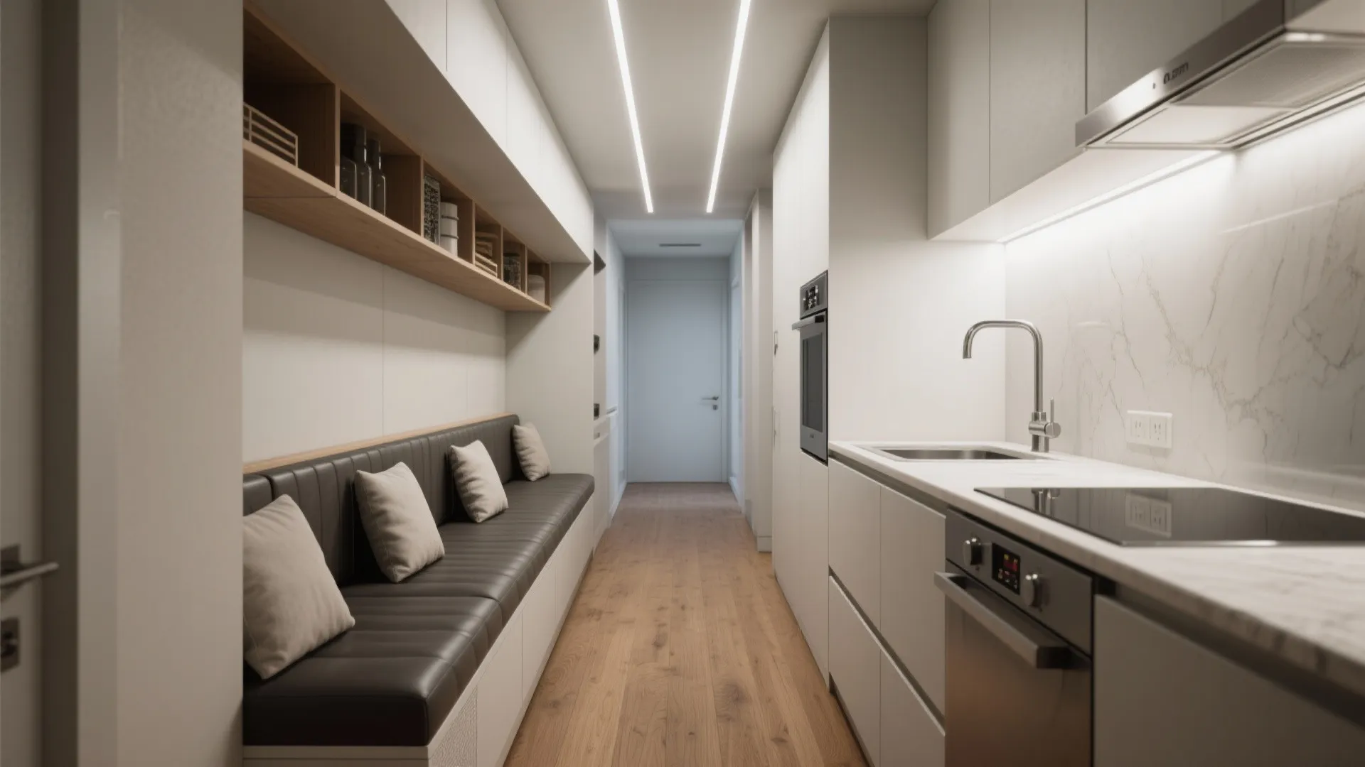 2. Galley kitchen + bench seating that doubles as storage