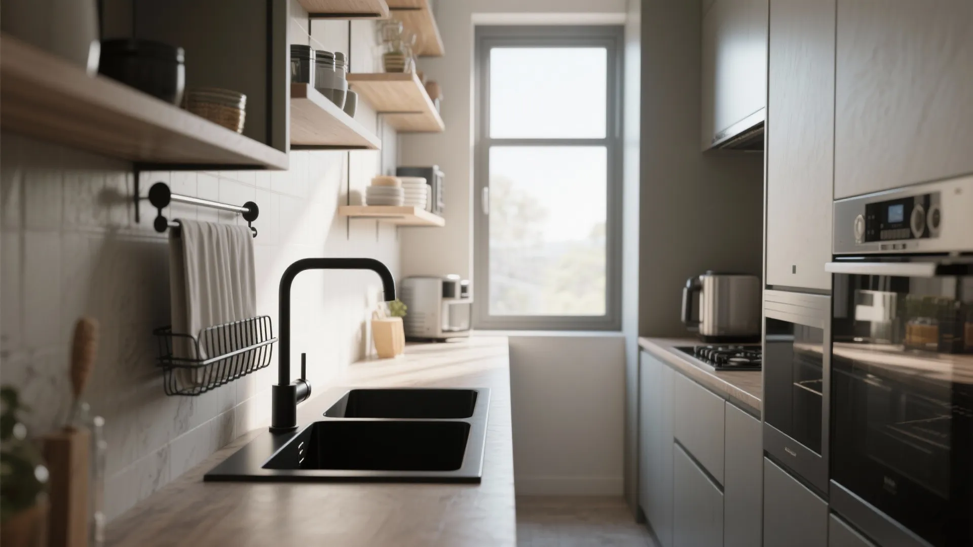 Modern galley kitchen with black double sink wooden countertop grey cabinets and a large bright window