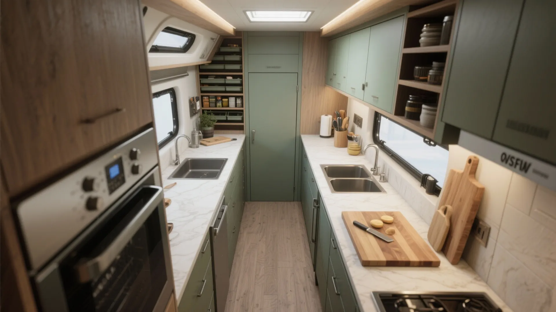 Modern narrow green galley kitchen inside a small mobile home with marble counters and oven