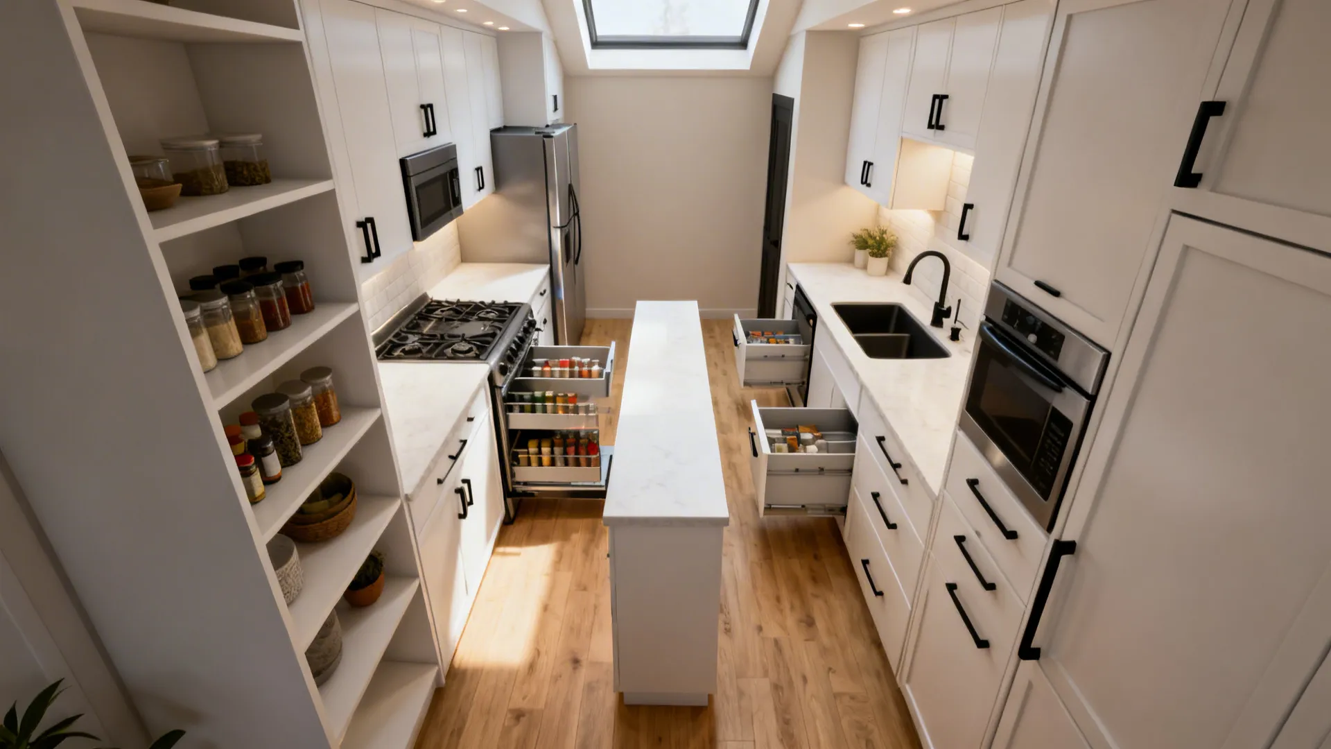 Top-view of a narrow galley with an 18-inch center console forming a chef’s alley.