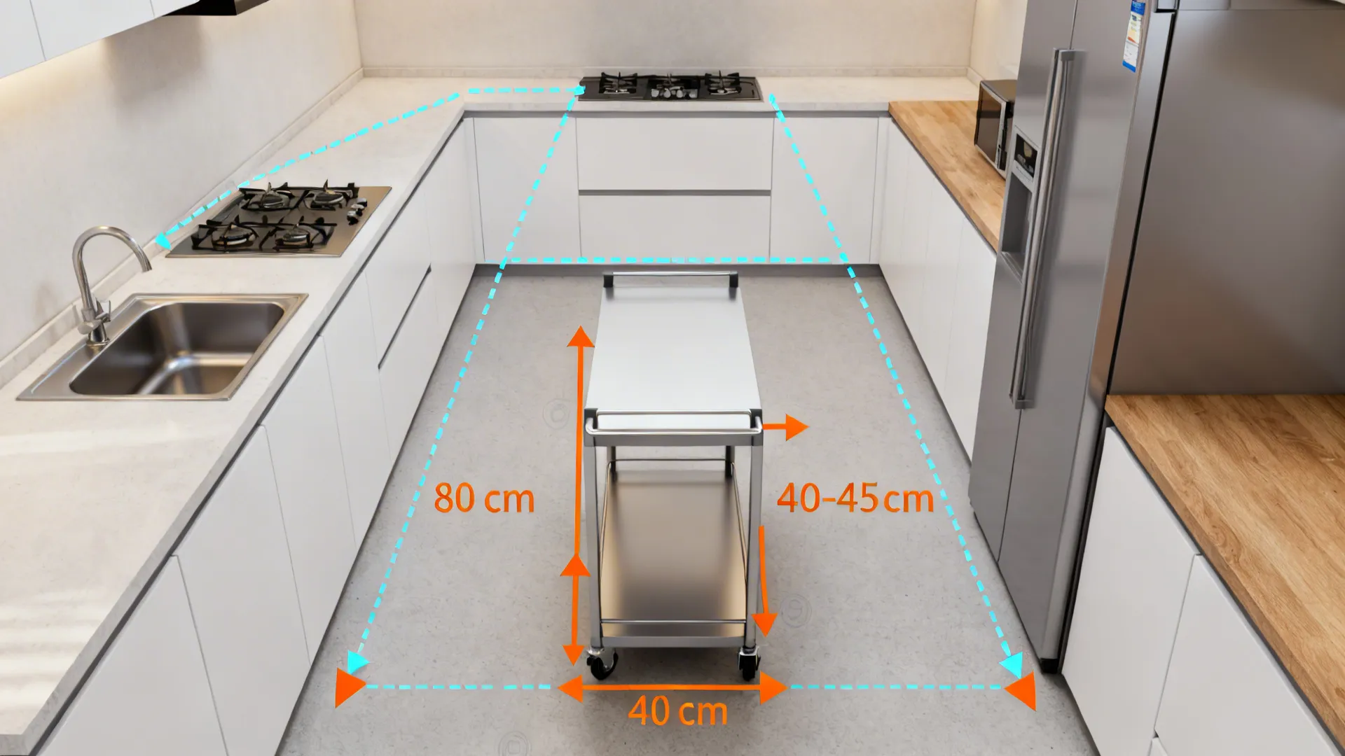 Top-down galley plan showing a slim cart and 90 cm clear pathways for smooth traffic flow.