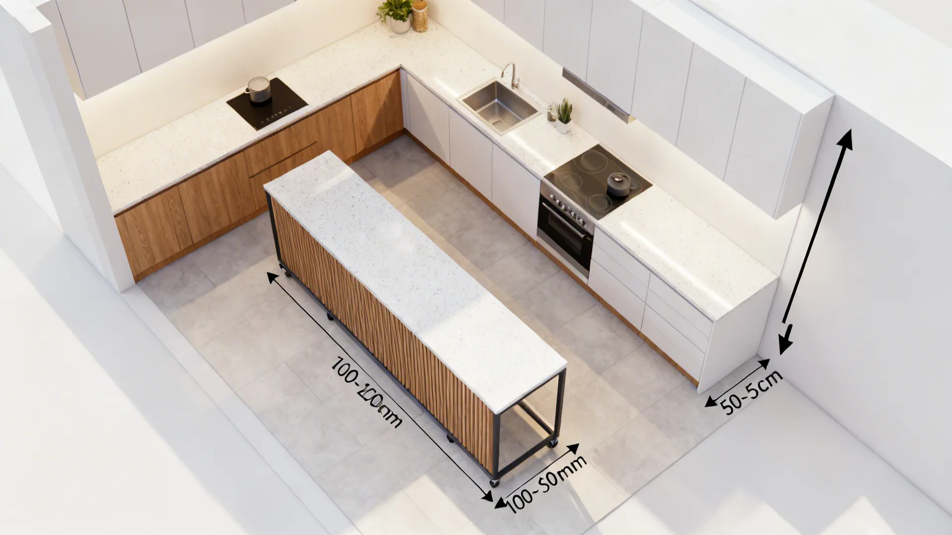 Interior design drawing of white and wood kitchen layout showing measurements for island and cabinets