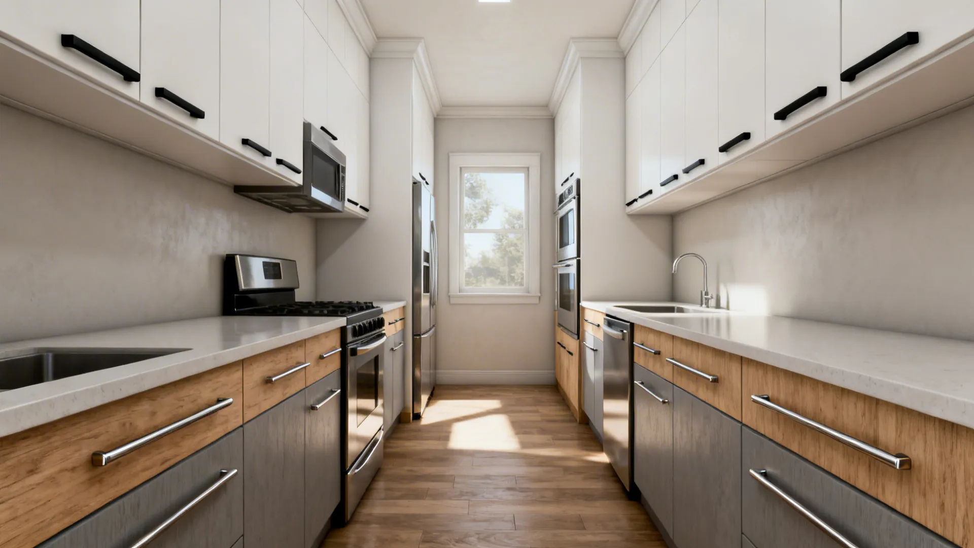 Narrow galley kitchen with matte black edge pulls on uppers and brushed nickel bars on drawers.