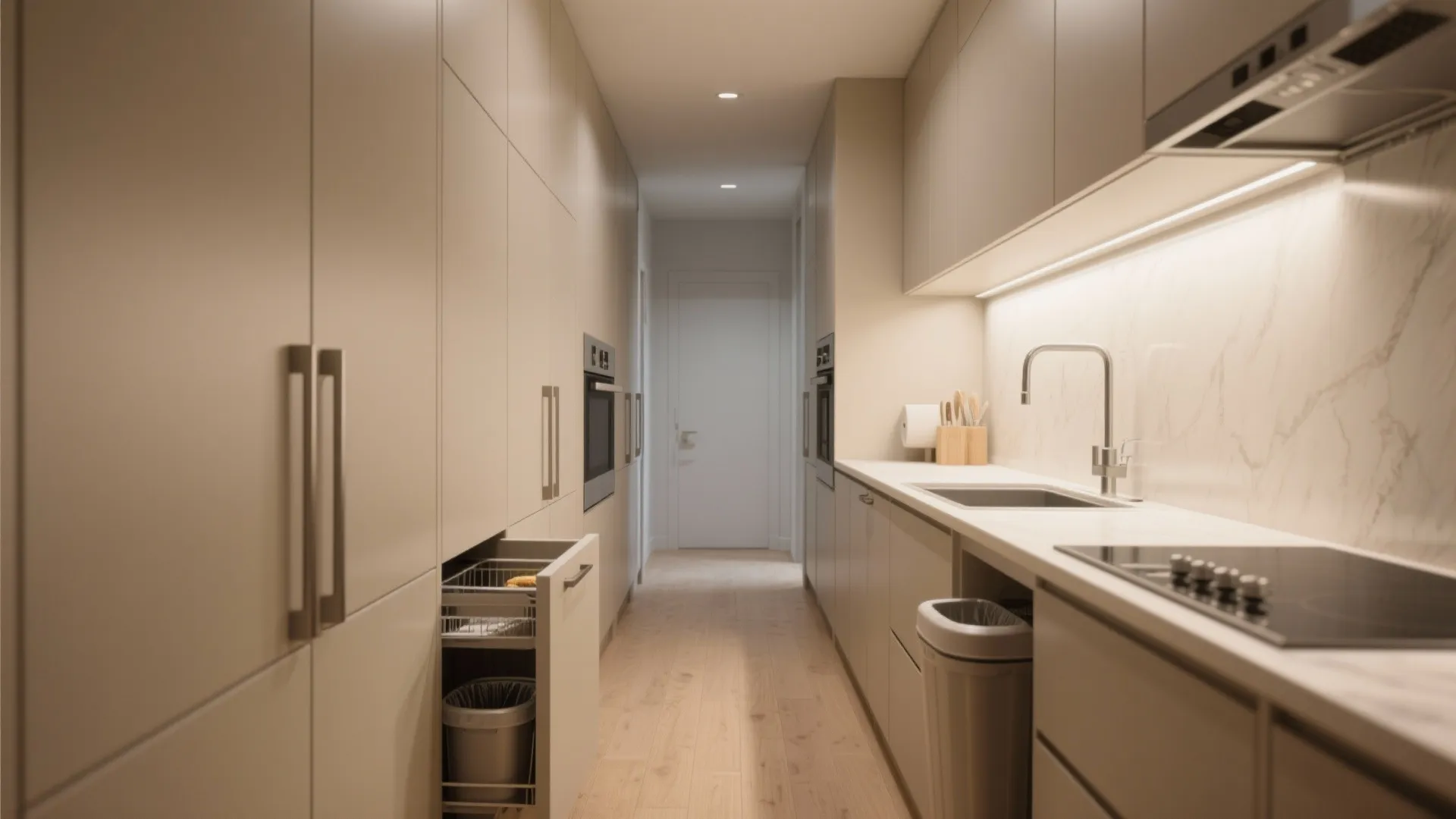 Narrow kitchen with beige cabinets and open pull-out drawer showing trash bin and white marble