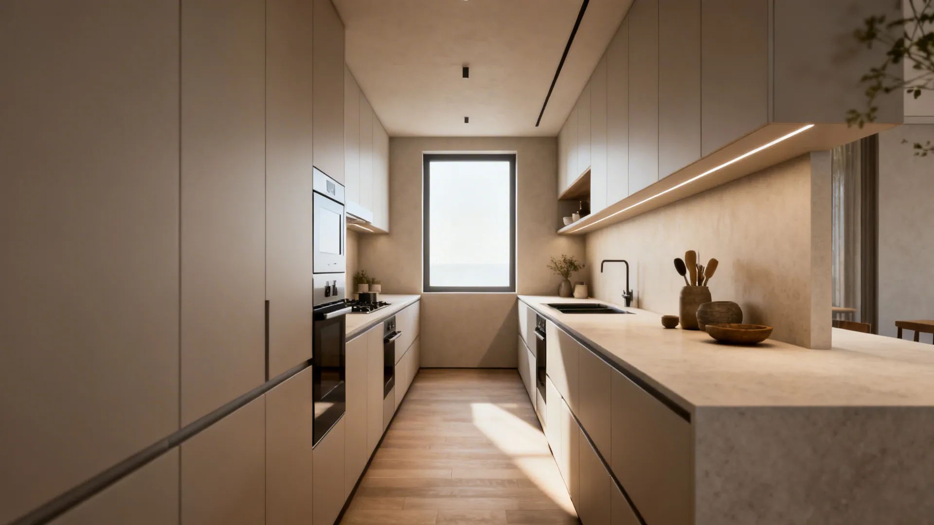 Narrow galley kitchen with continuous countertop and clear traffic flow.