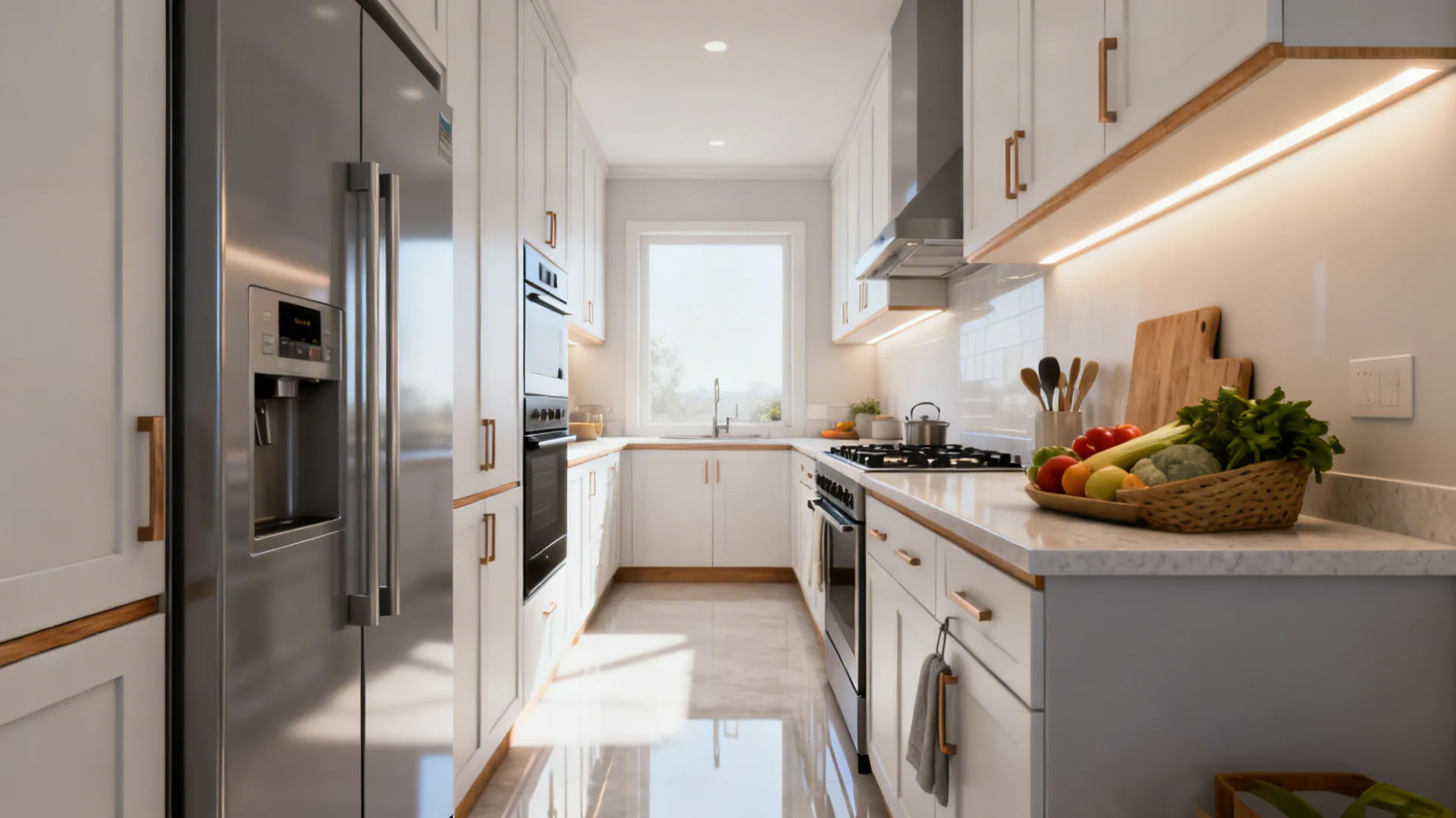Bright galley kitchen with white cabinets, wood trim, stainless steel fridge, stove, and end window