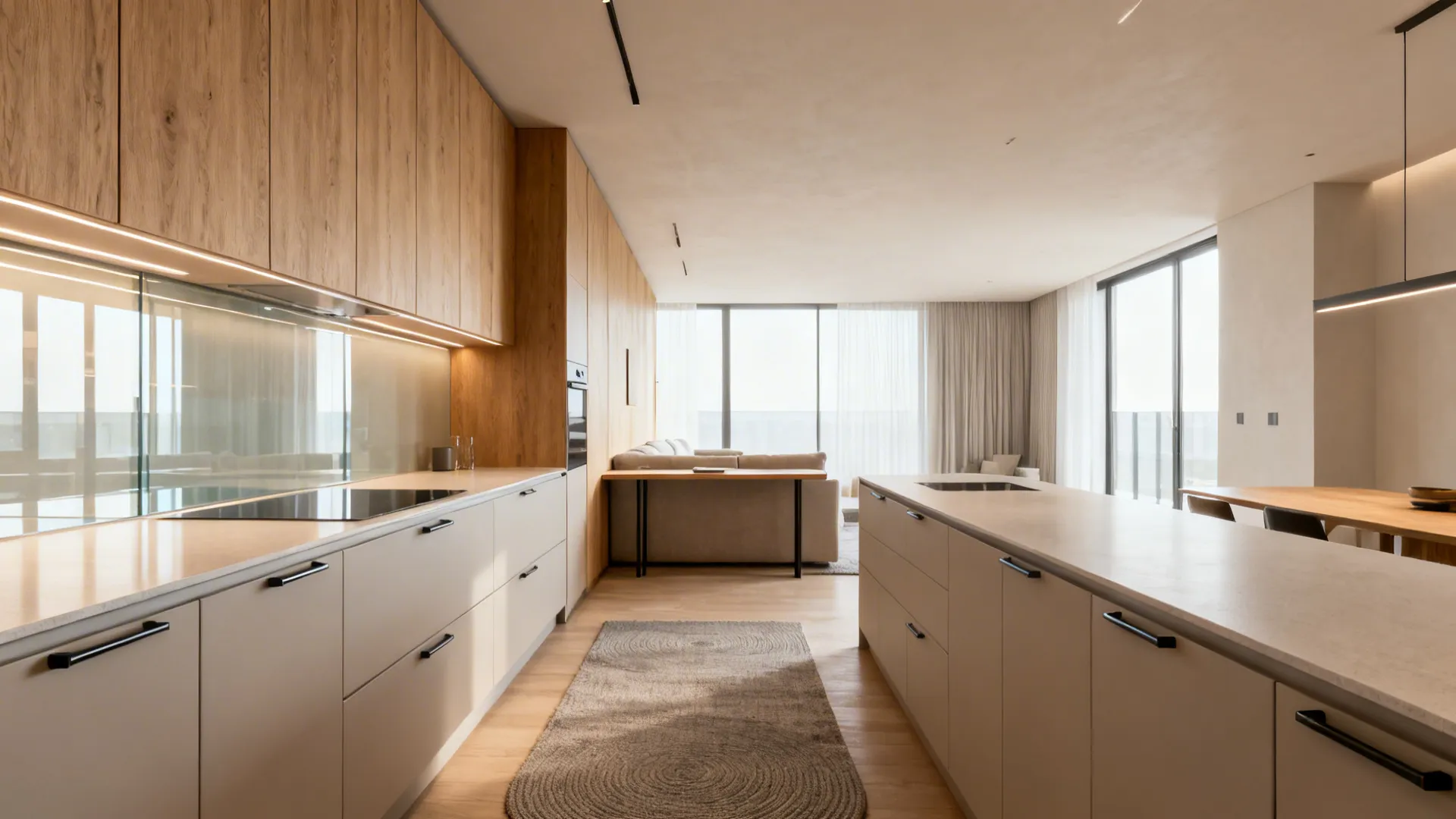 Minimalist galley kitchen with glass backsplash and a slim console defining the living perimeter.