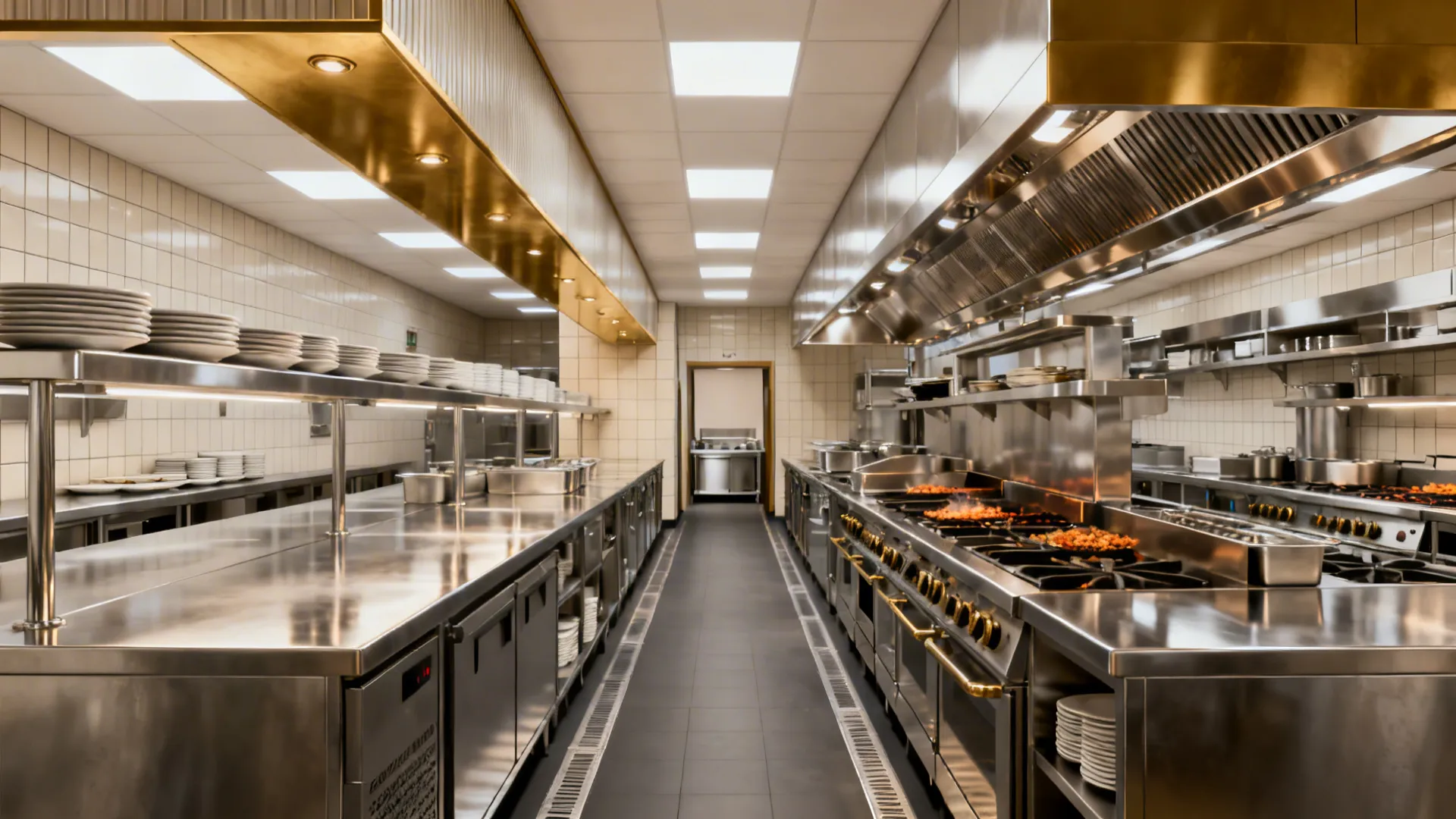 Narrow galley kitchen with a linear hot line and opposite pass for fast service.