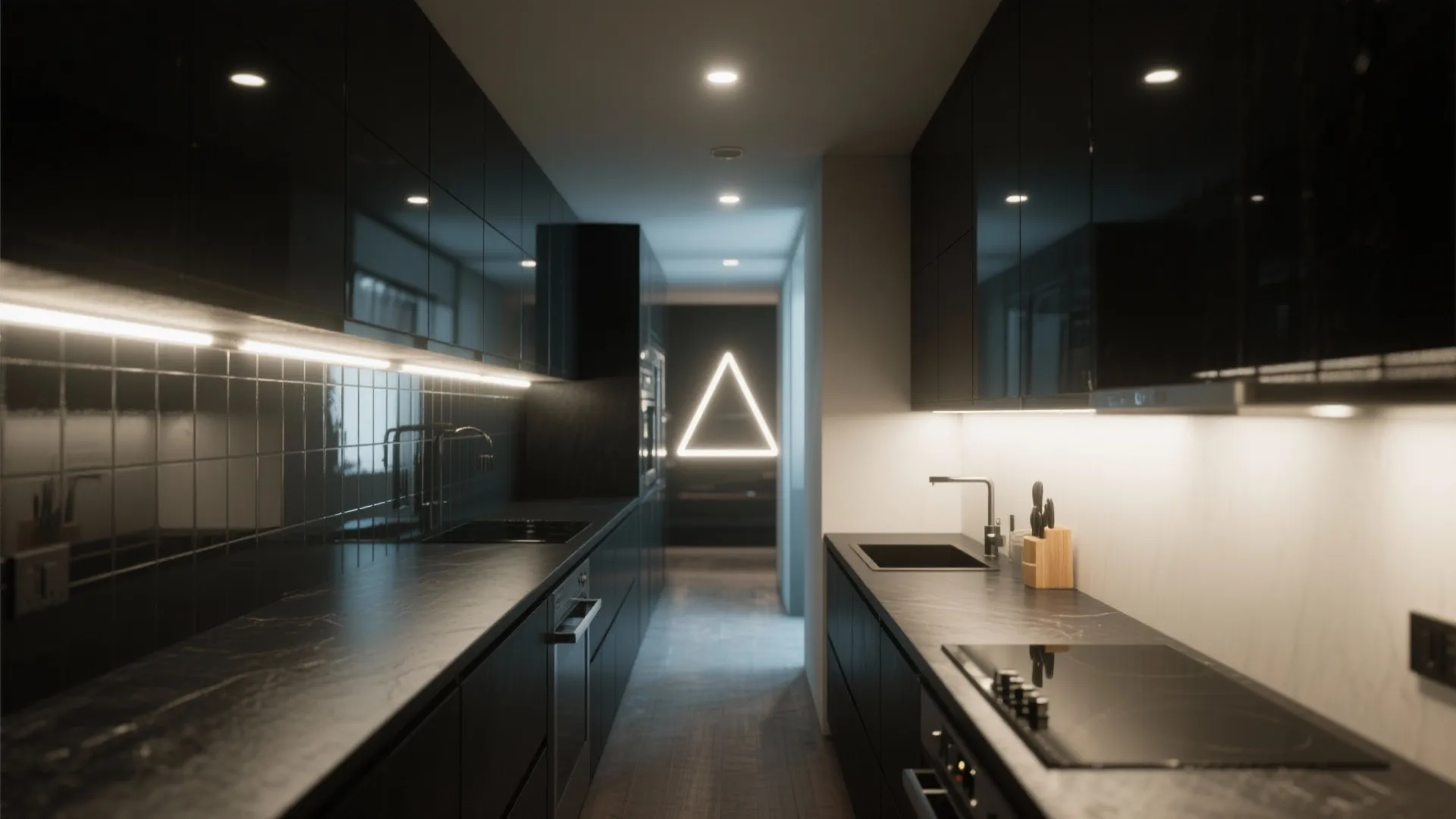 3. Small kitchen magic: Narrow galley with dark counters and reflective backsplashes