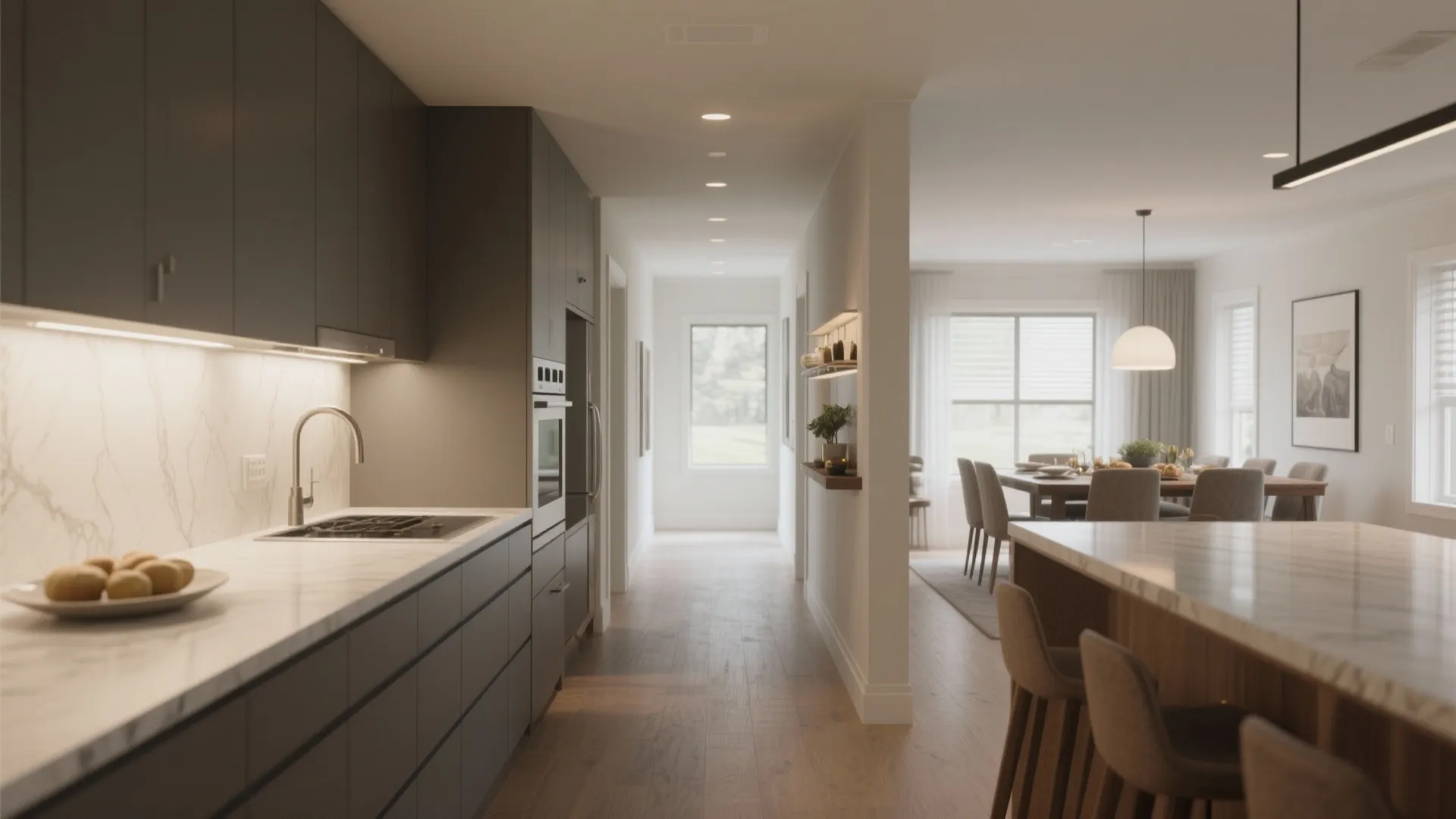 Modern kitchen with dark cabinets and marble counters showing a hallway into the bright dining