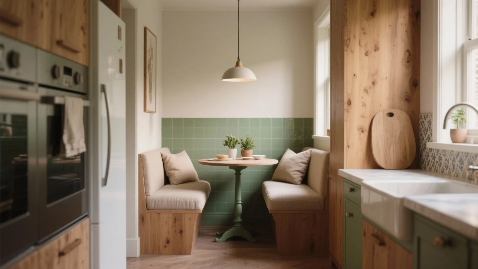 Built-in wooden kitchen bench with green wall tiles and small round table under ceiling light
