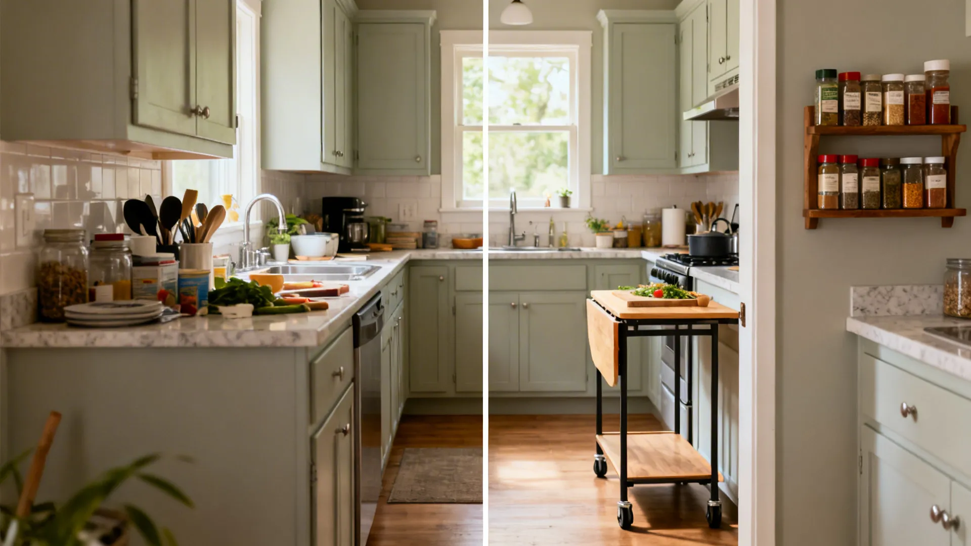 Before and after comparison of a green kitchen showing the addition of a rolling cart