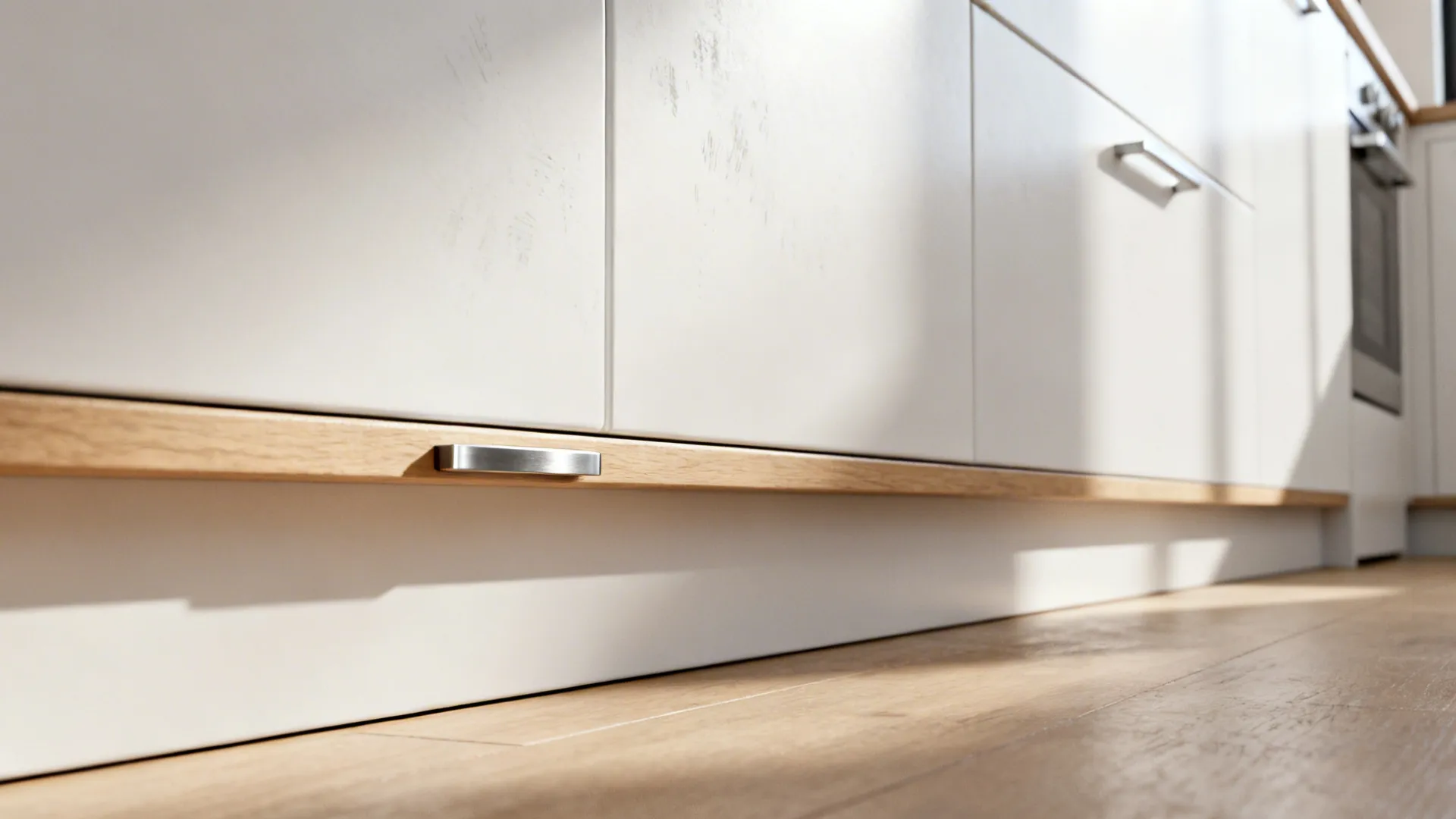 Close-up of white kitchen cabinets with wooden trim metal handle and sunlight on wood floor