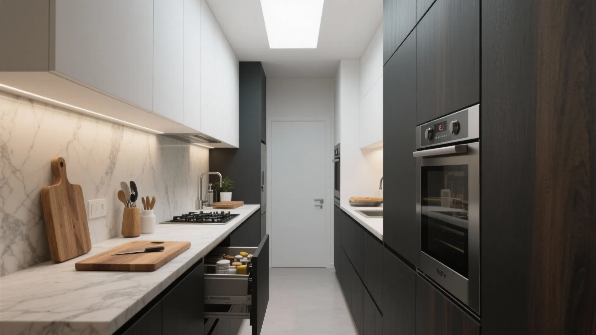 Narrow galley kitchen featuring dark lower cabinets white upper cabinets marble countertop and built in oven