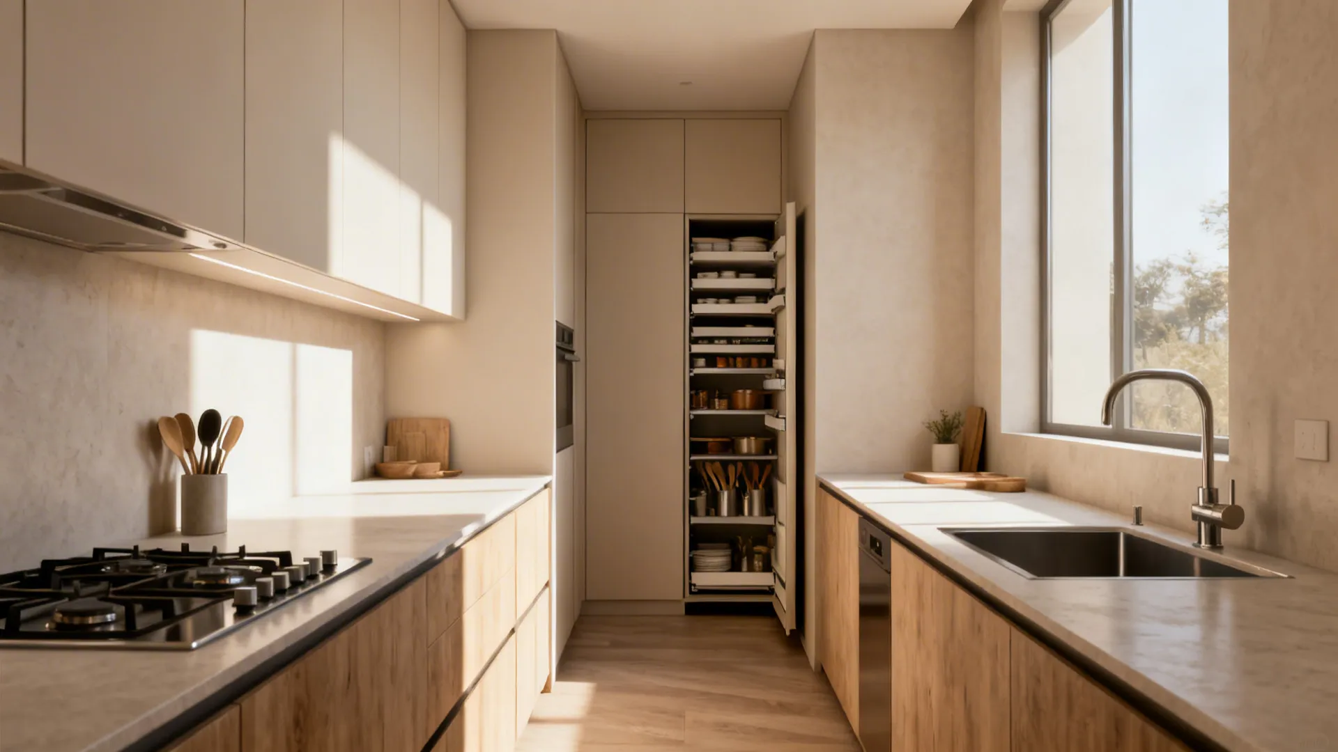 Narrow galley kitchen with parallel counters and a pull-out pantry, well-lit and efficient