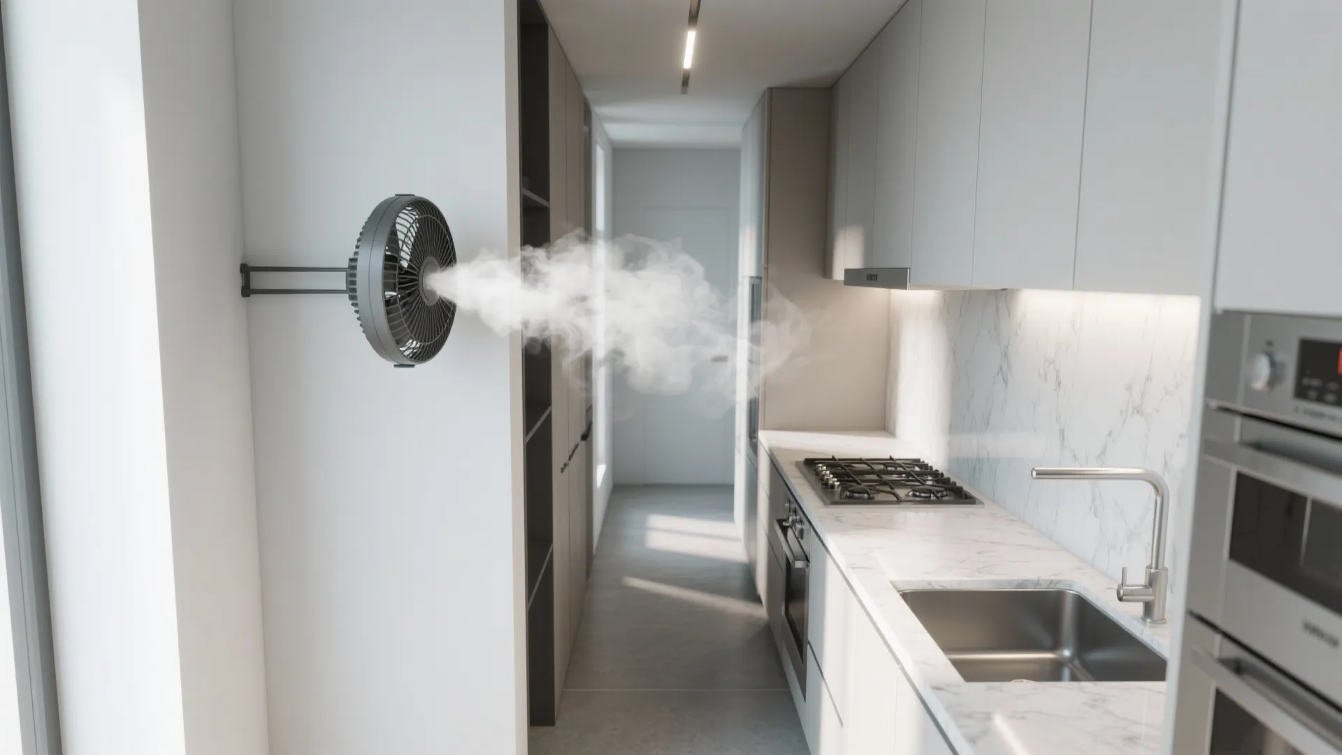 Quiet airflow strategy for galley kitchens