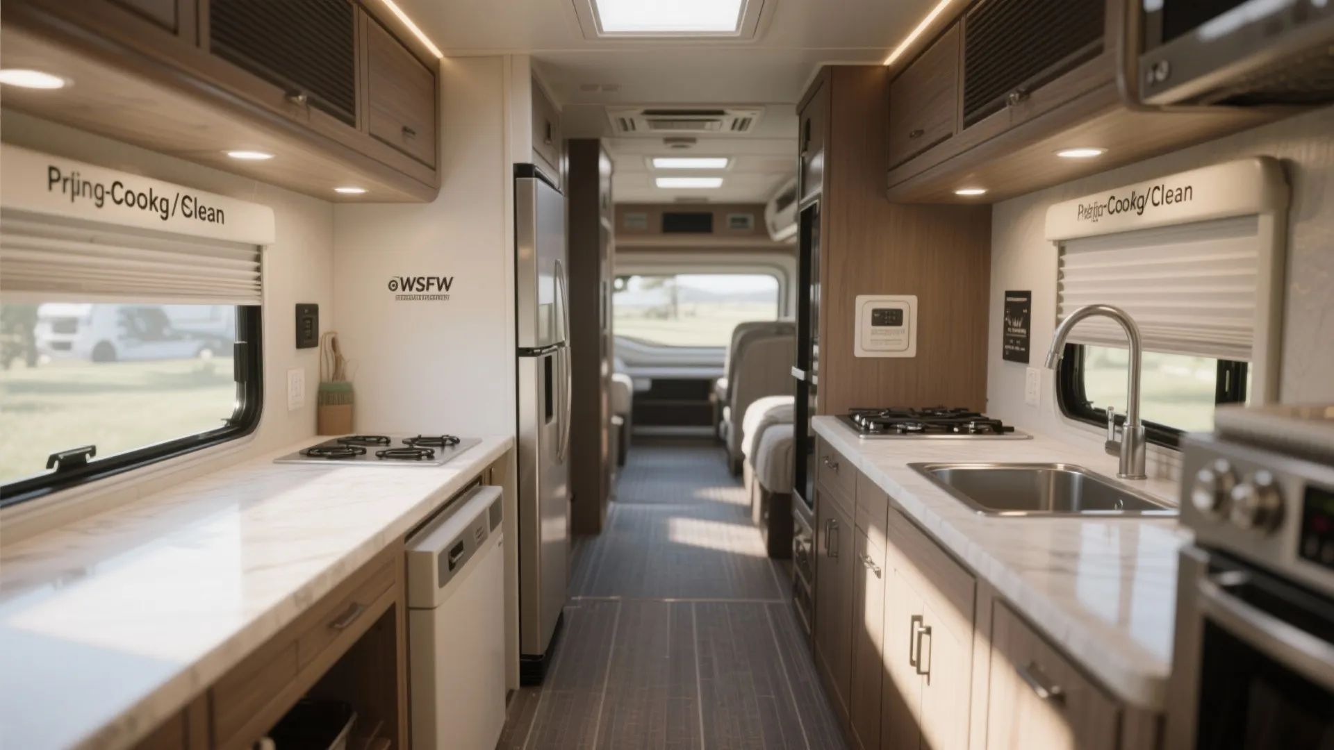 Compact motorhome kitchen interior design with wood cabinets white countertops silver sink and gas stove
