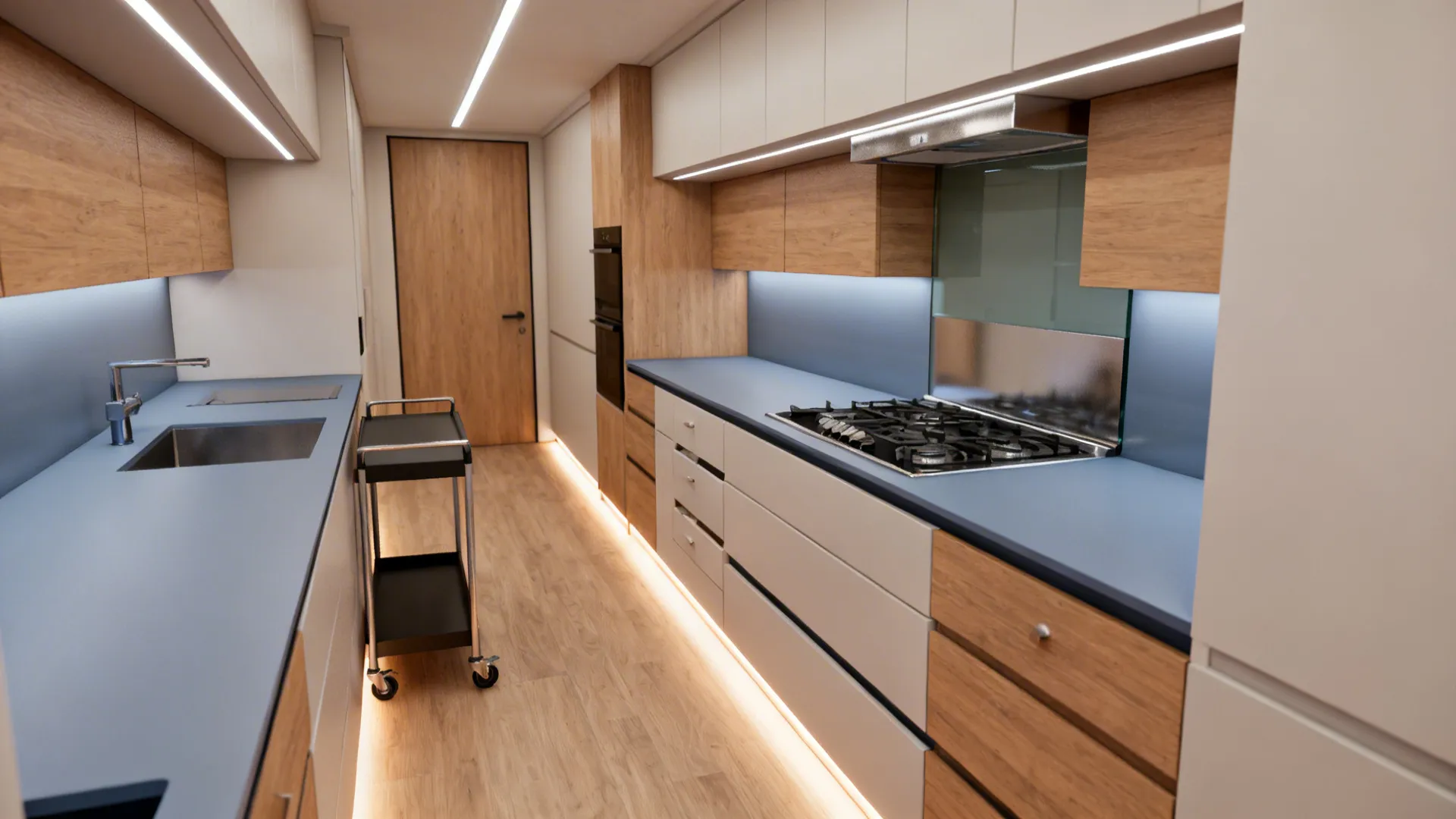 Top-down visual of a narrow galley showing aisle width, lighting layers, glass backsplash, and slim cart.
