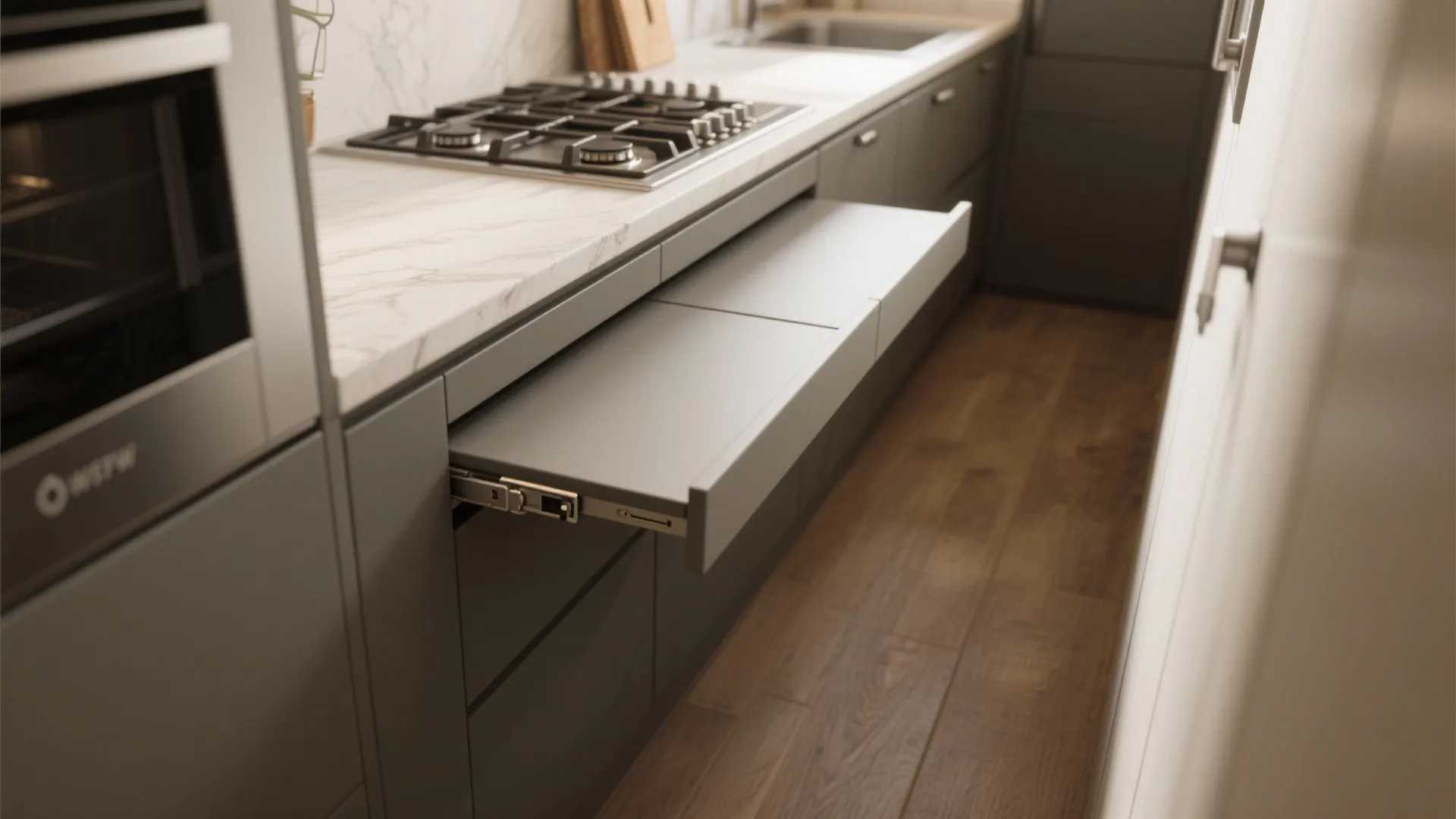 Close up of a modern kitchen cabinet with an open pull out drawer table feature