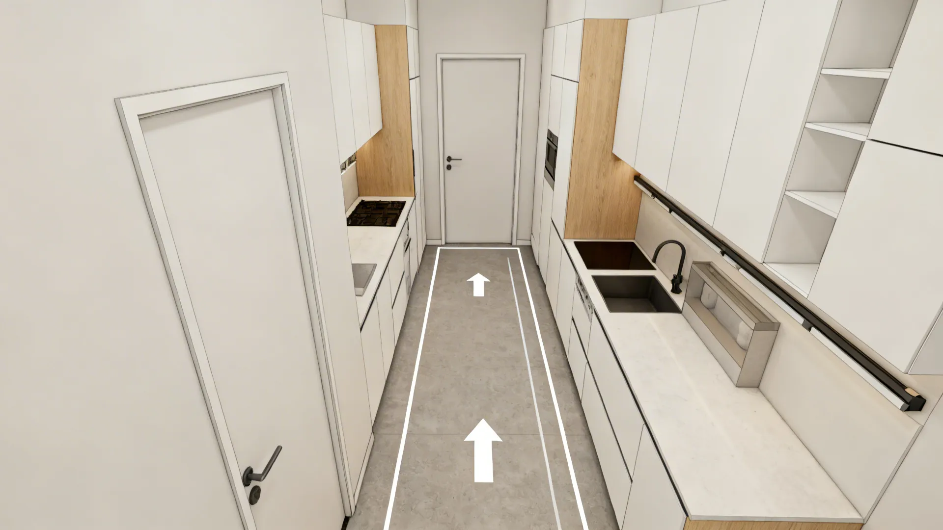Top-down galley plan with door swings and clear traffic lines for minimalist storage.