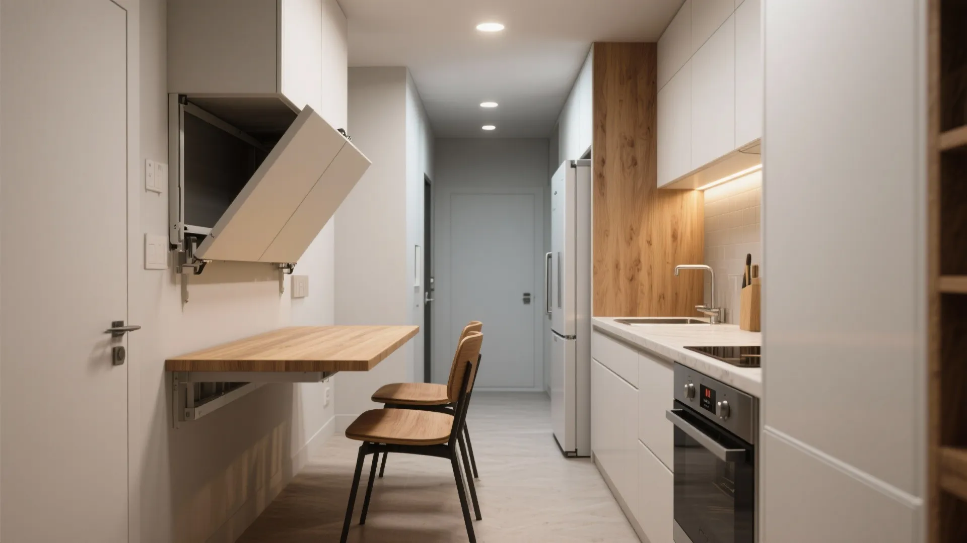 2. Opt for a linear or galley kitchen with fold-down dining