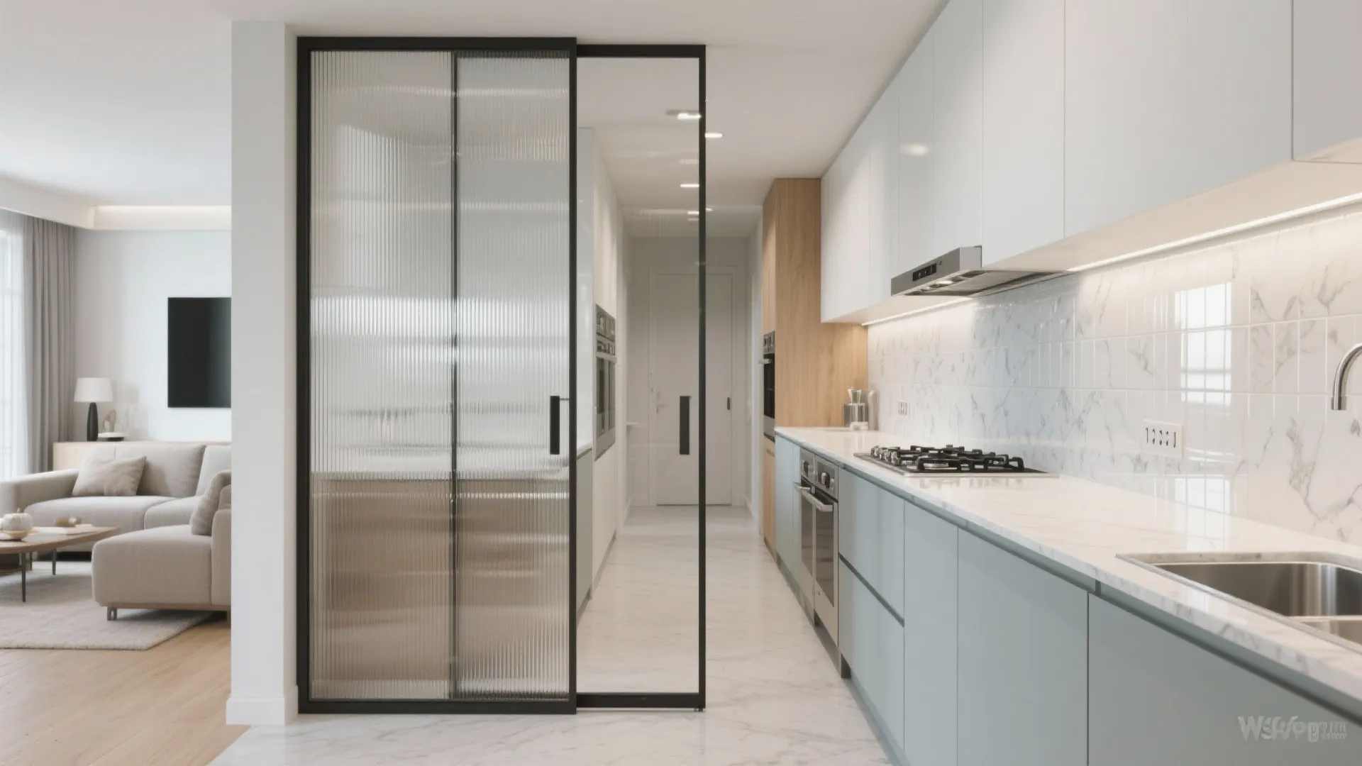 Glass-partition galley kitchen with reflective finishes