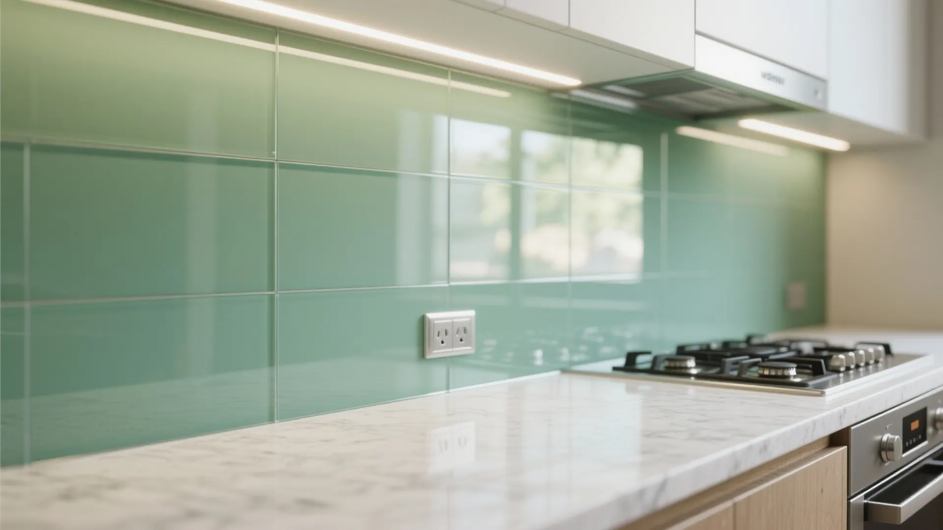 Glass backsplash to open up a galley kitchen