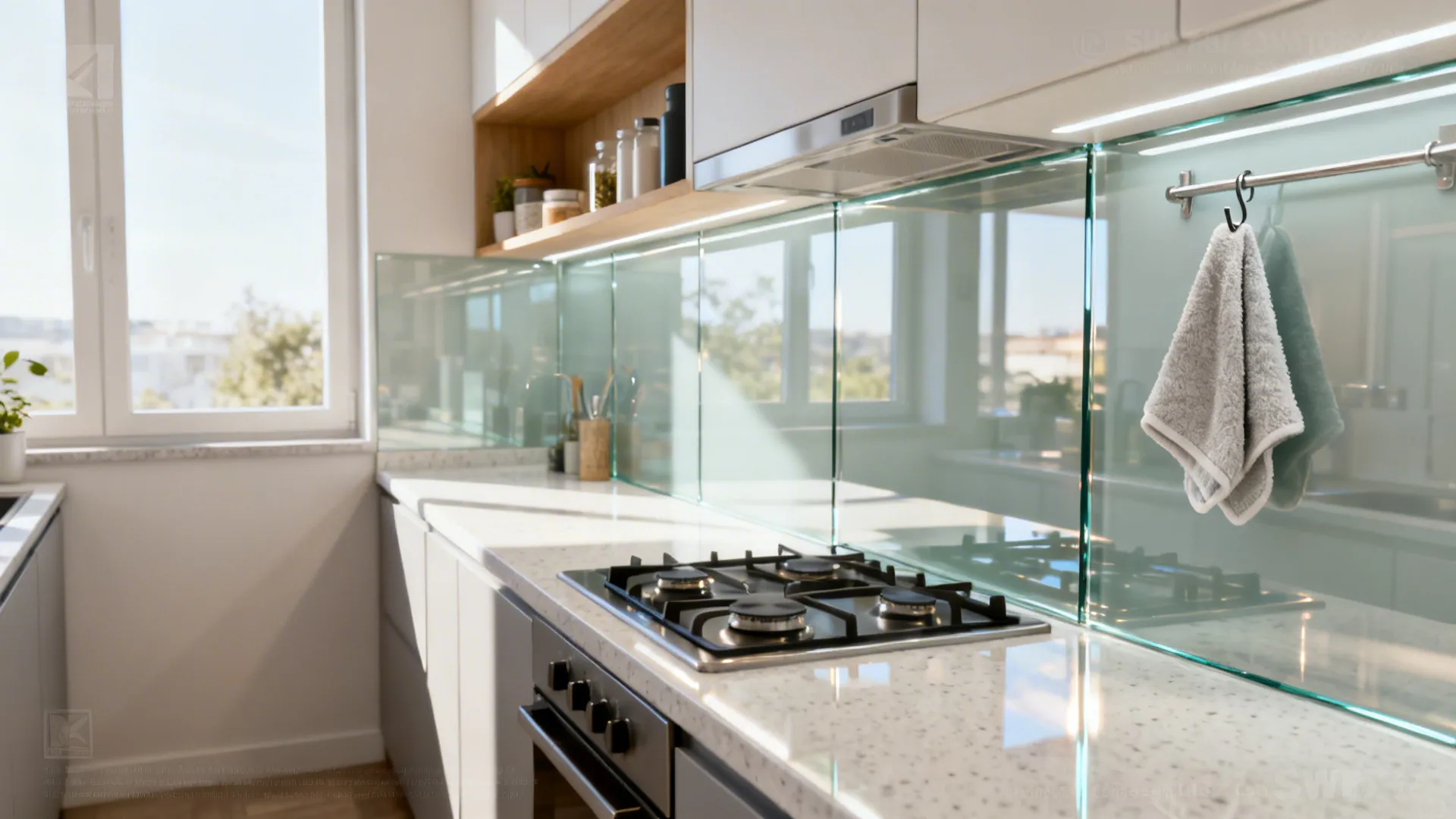 Small galley kitchen with a reflective tempered glass backsplash and light quartz countertop.