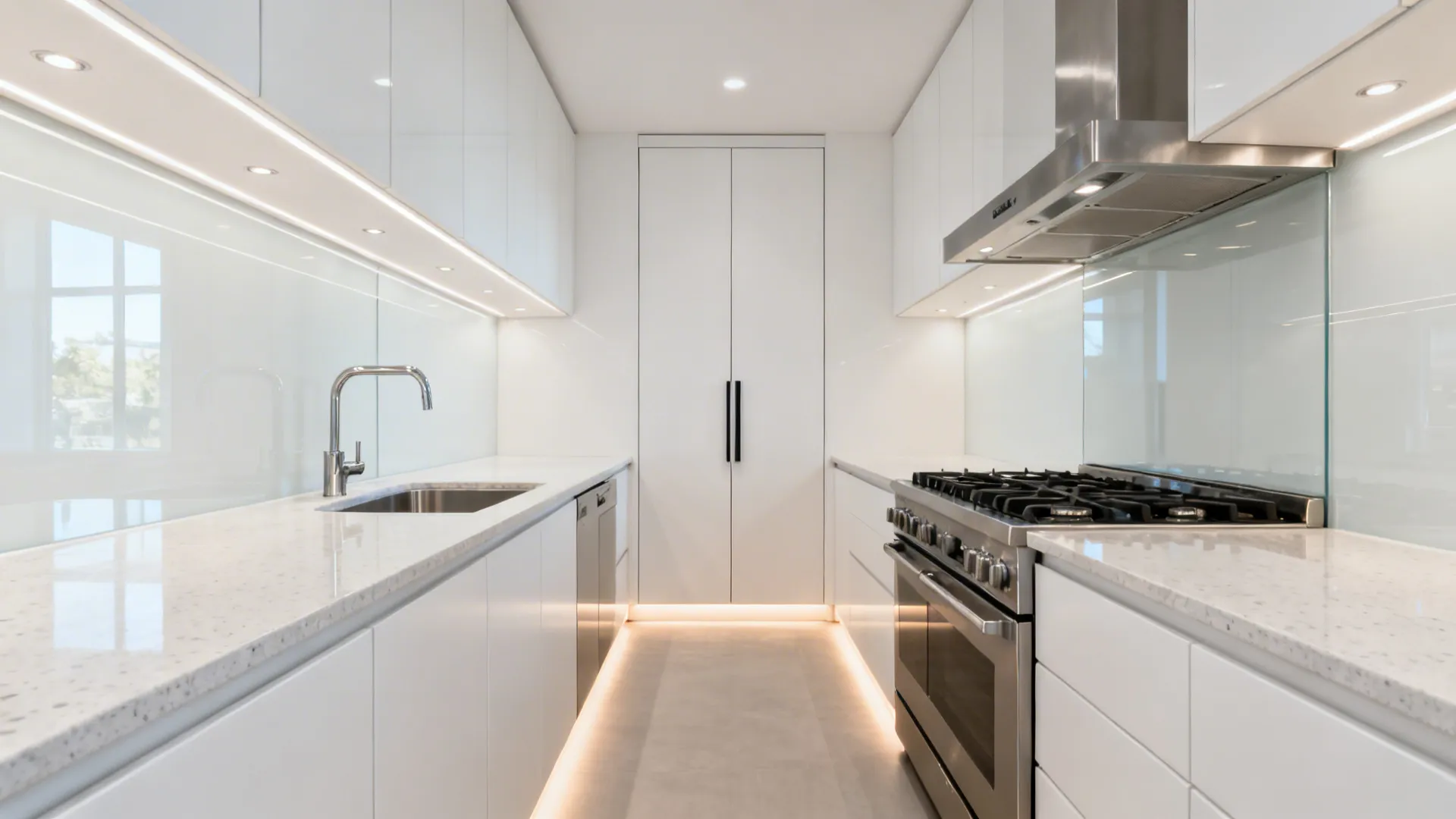 Bright galley 10x12 kitchen with a reflective glass backsplash and slim pantry.