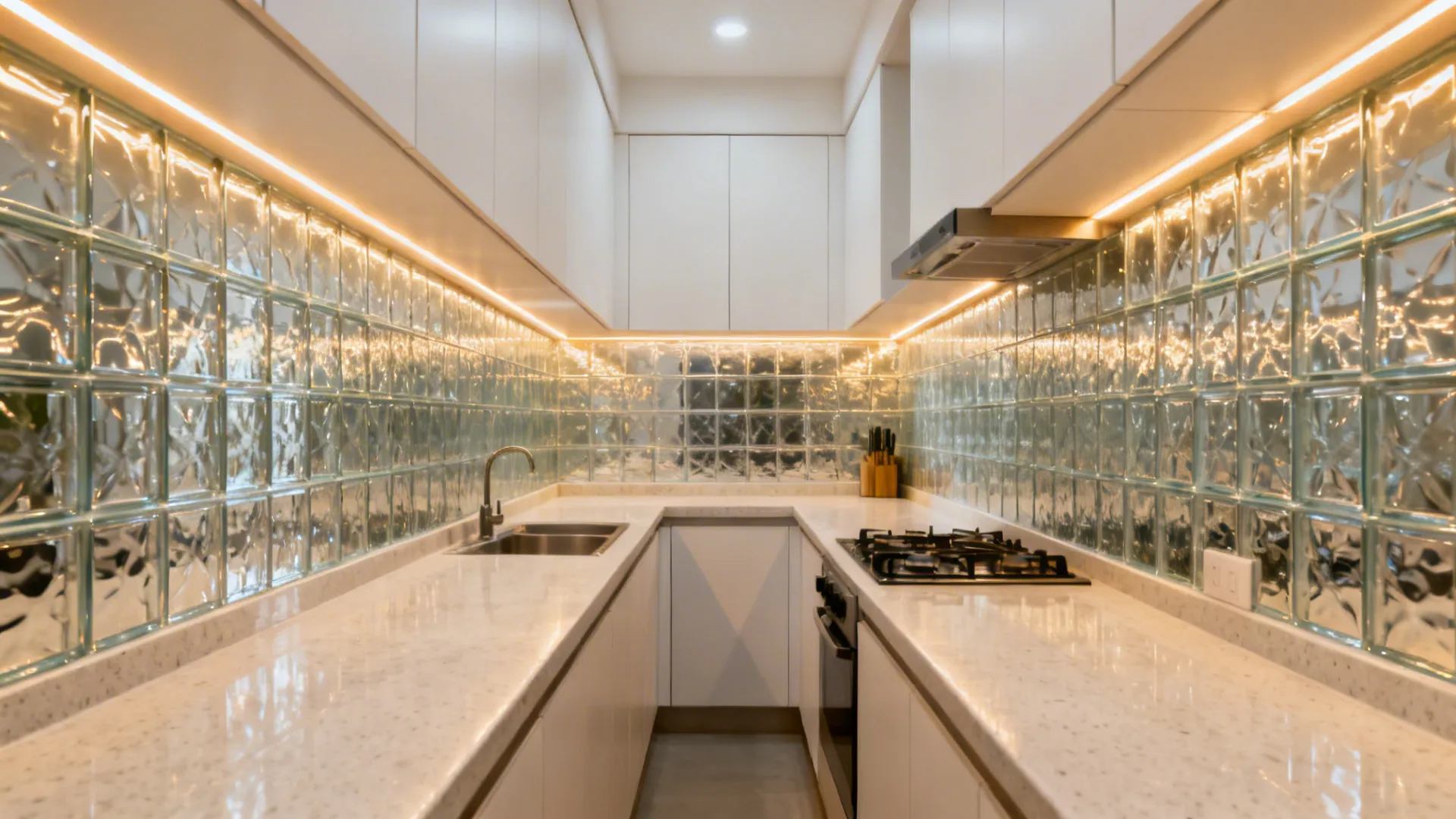 Narrow galley kitchen widened visually by a continuous low-iron glass backsplash and warm LEDs.