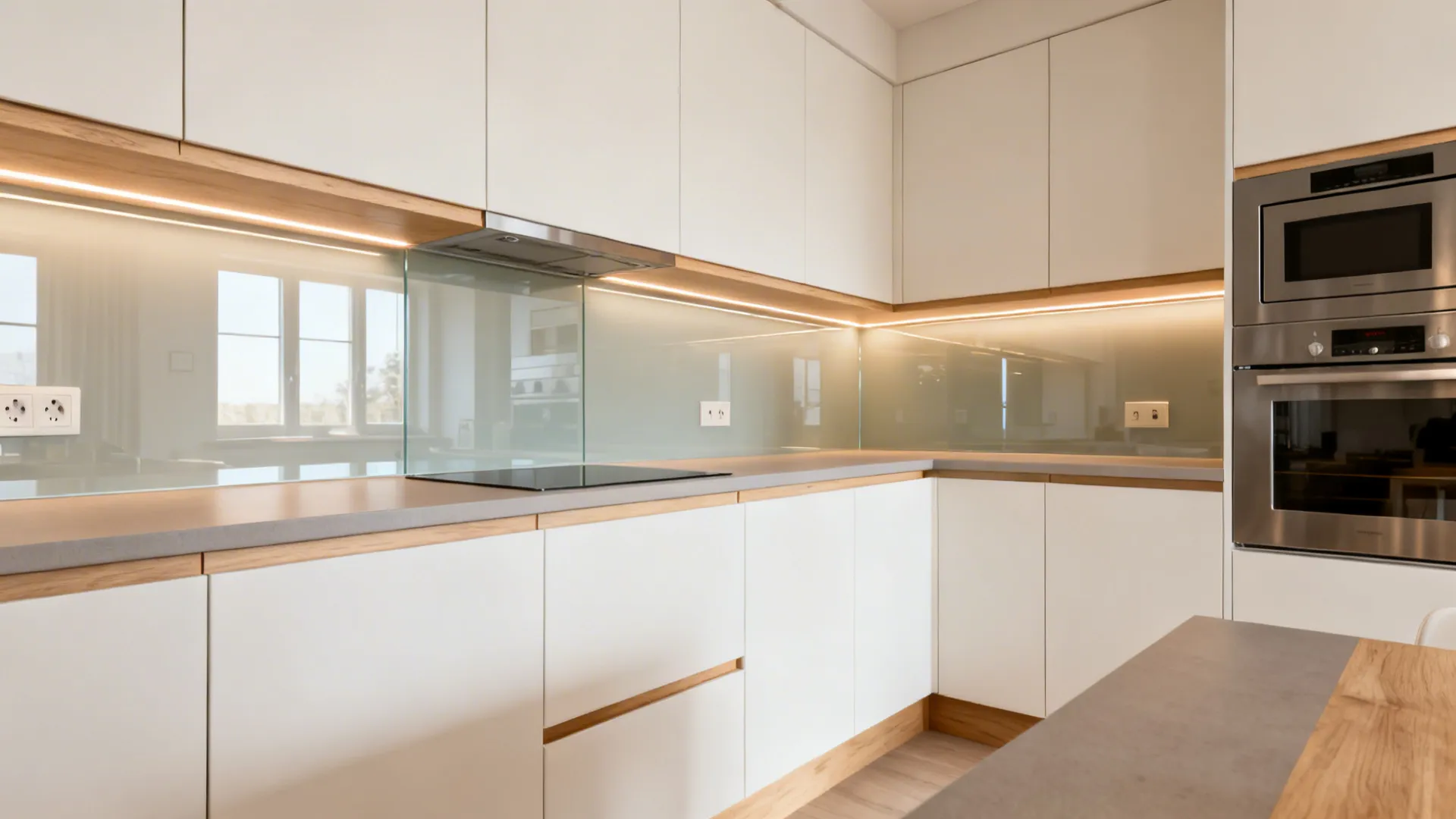 Galley kitchen with low-iron glass backsplash and warm LEDs that enhance depth and light.