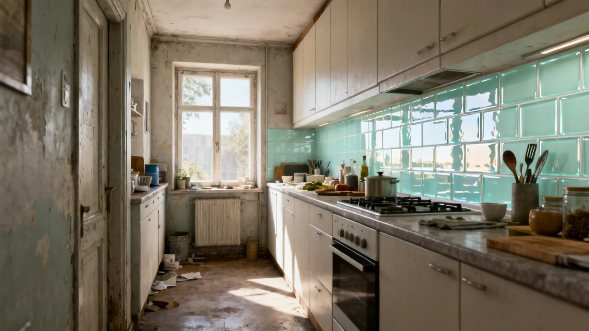 Comparison of messy old kitchen room next to renovated modern space with bright green tiles