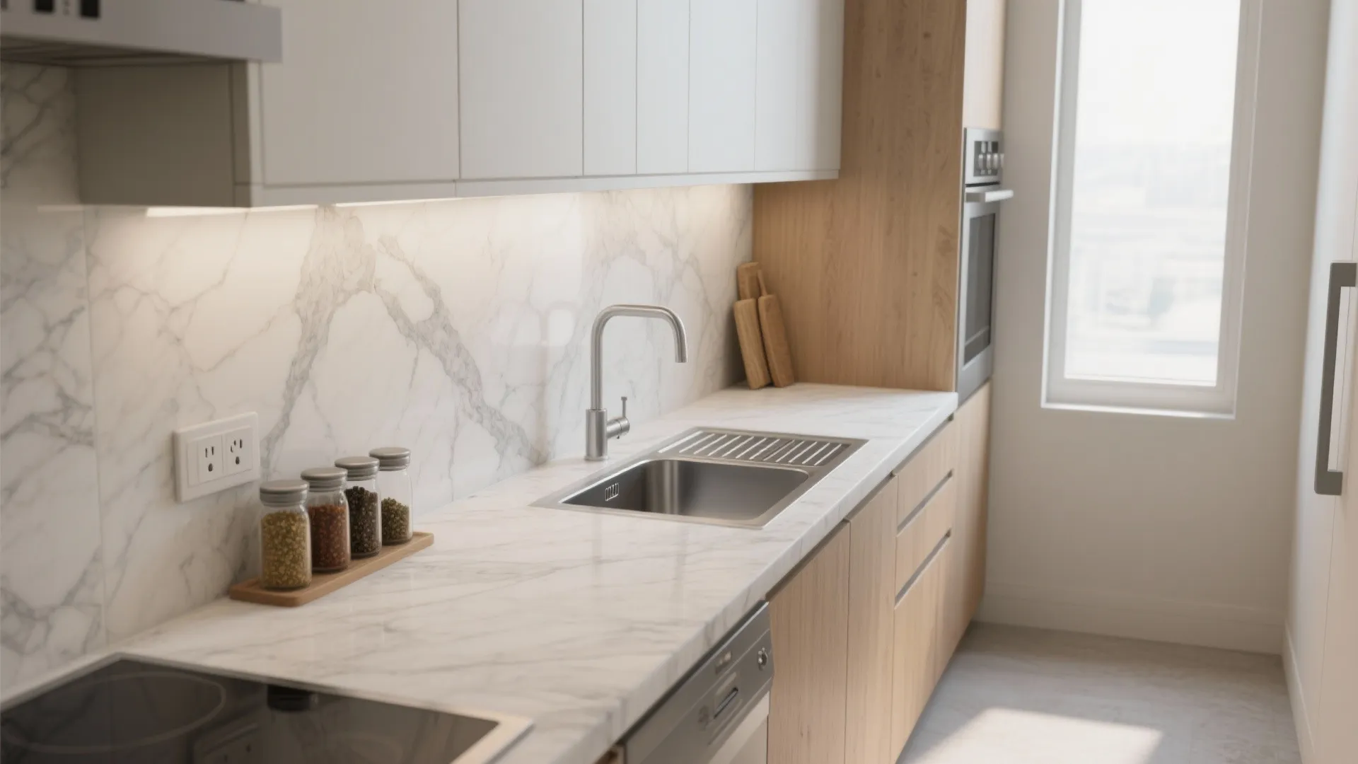 Modern kitchen featuring a marble countertop with a sink and light colored wood storage cabinets